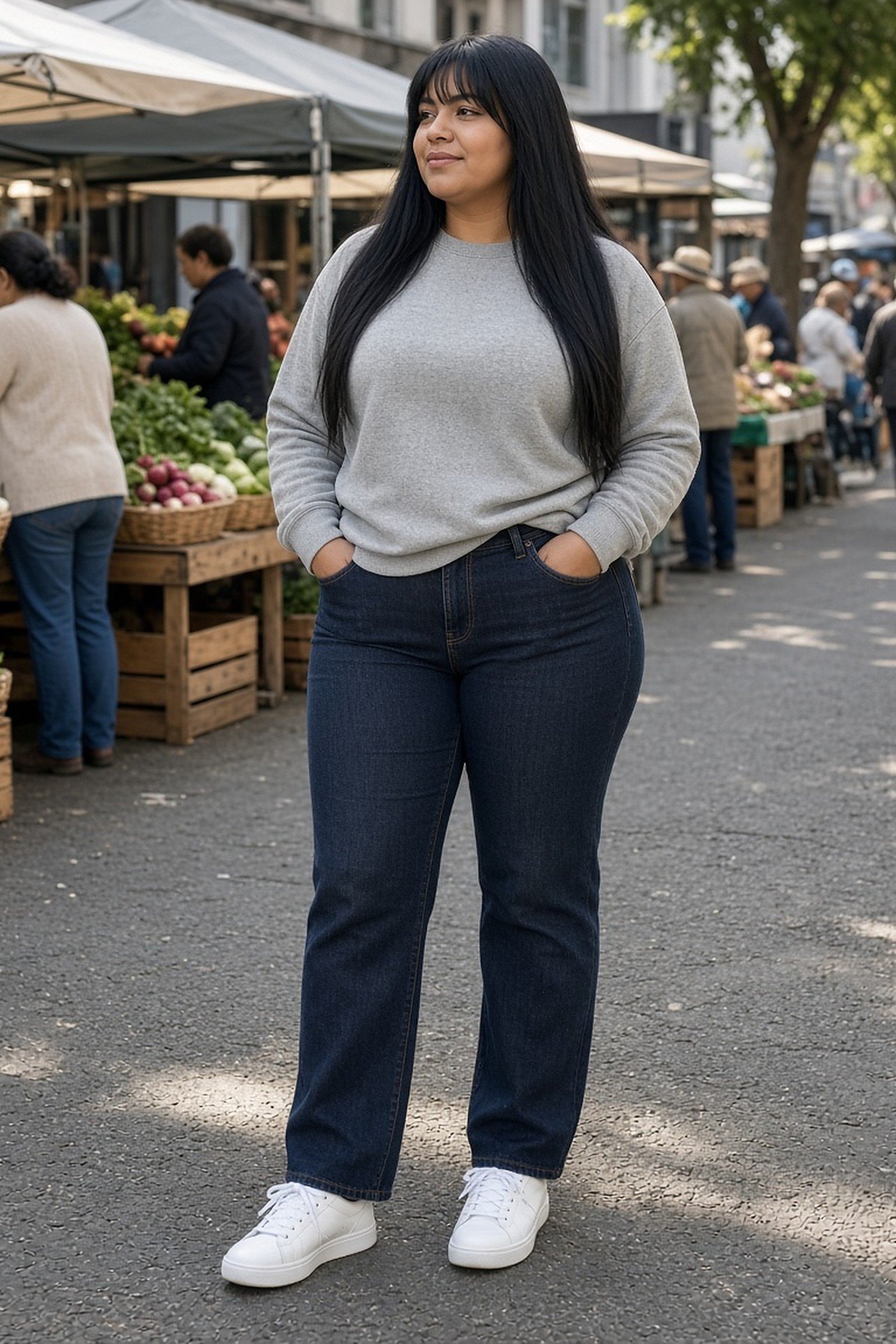 Plus-size woman in gray sweatshirt and straight dark jeans