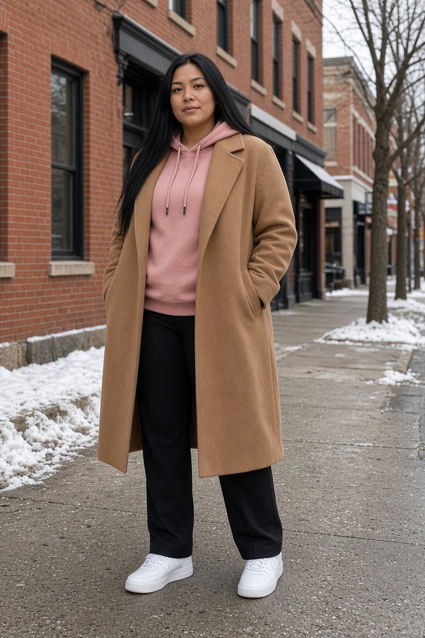 Plus-size woman in pink hoodie under long camel coat