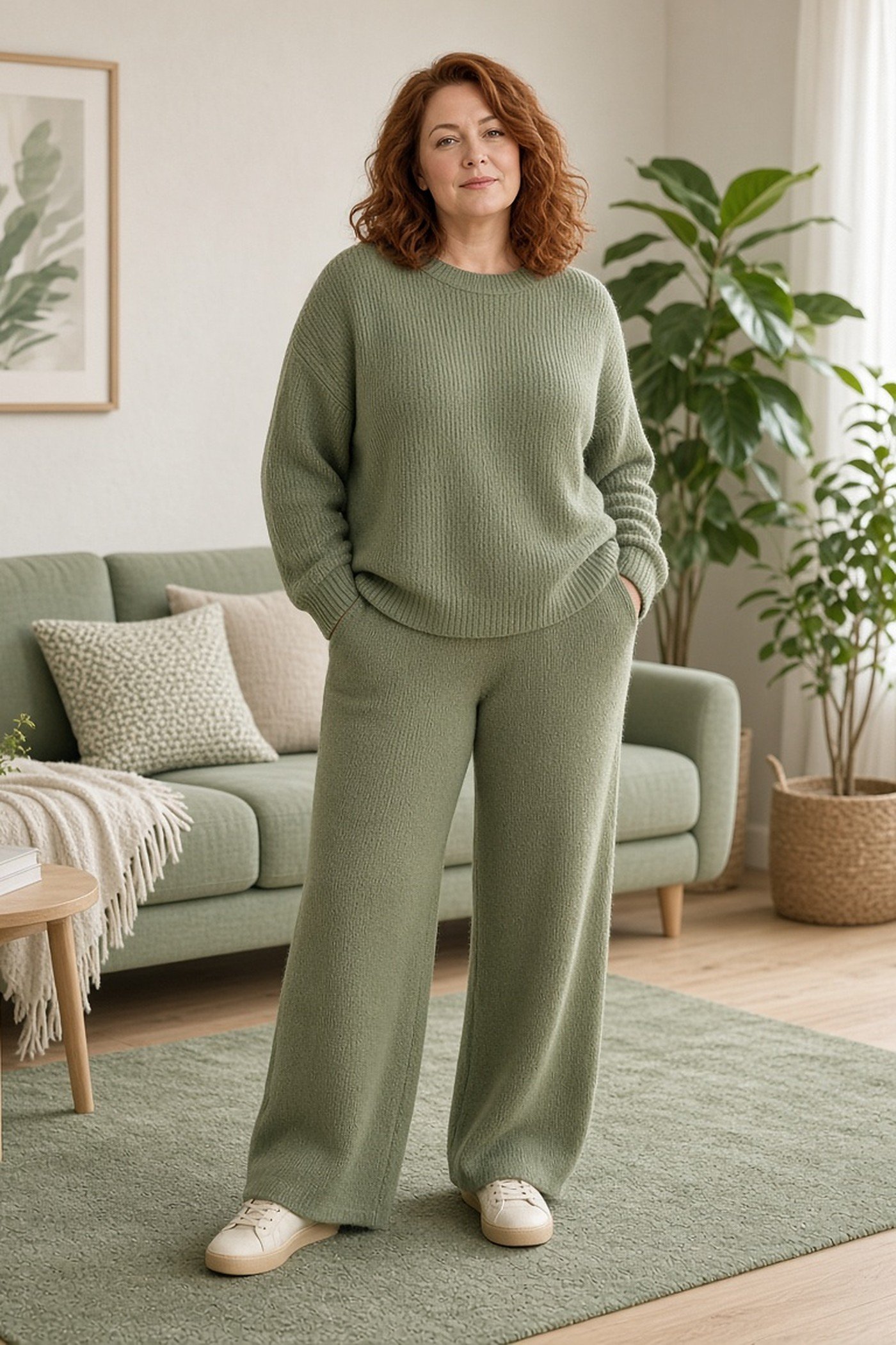 Plus-size woman in matching sage green knit set