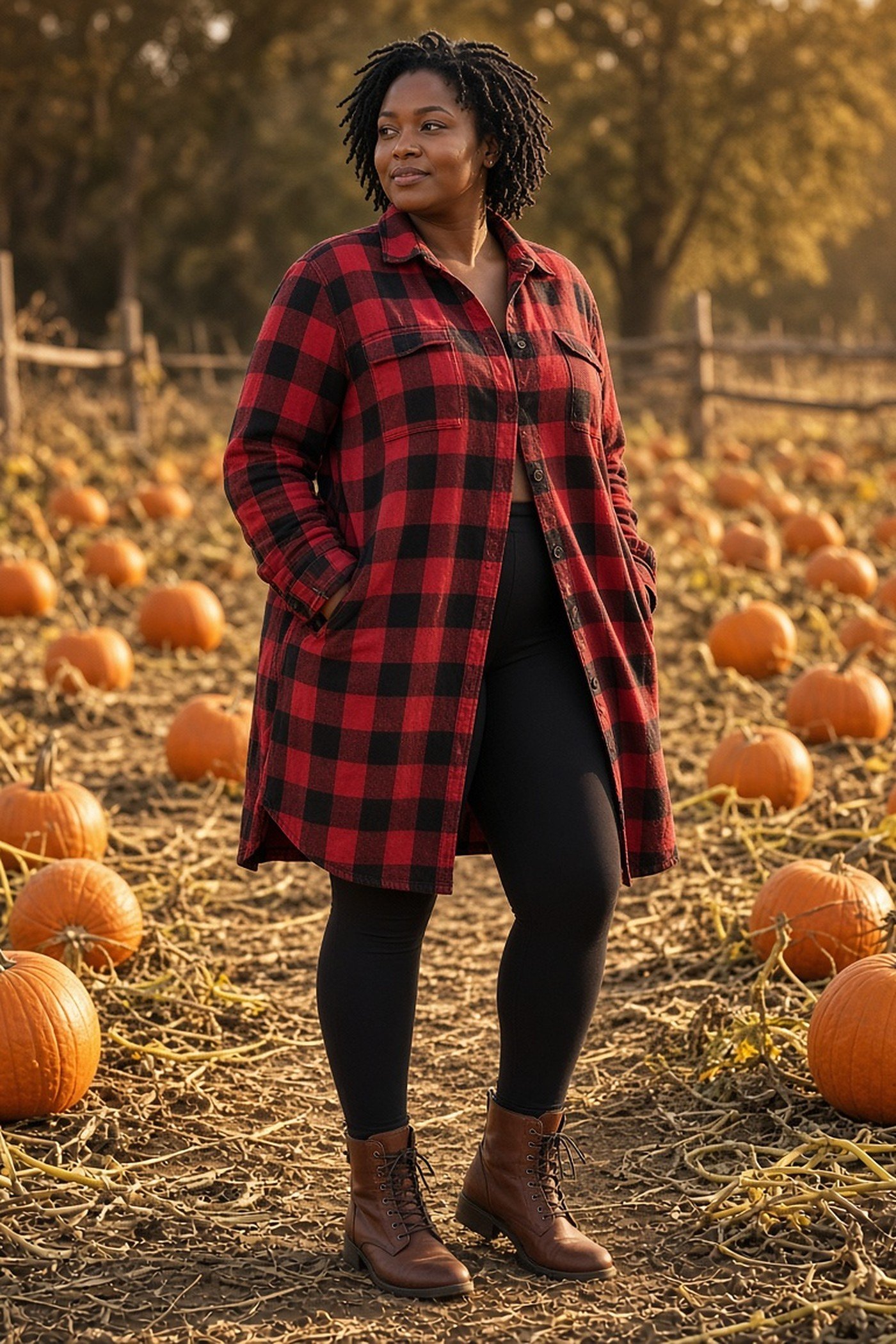 Plus-size woman in longline buffalo-check flannel and leggings