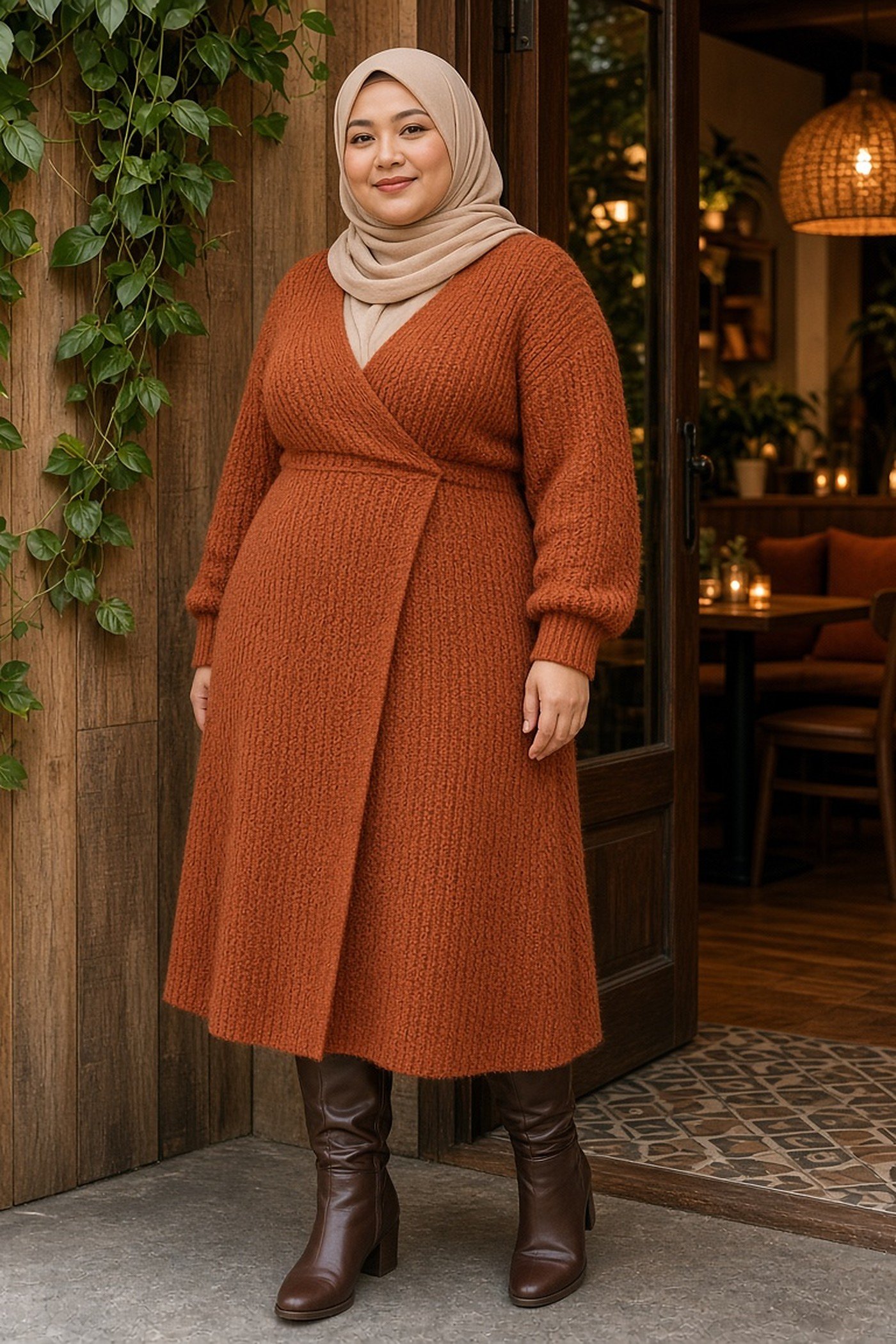 Plus-size woman in rust wrap sweater dress and knee boots