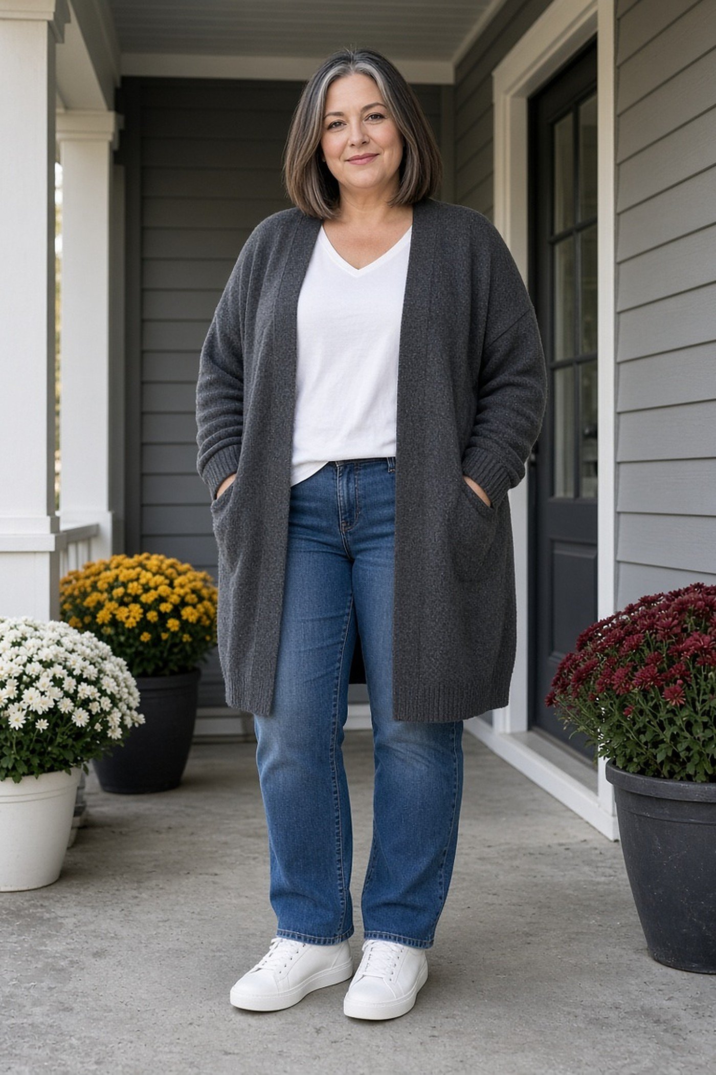 Plus-size woman in long charcoal cardigan, white tee and jeans