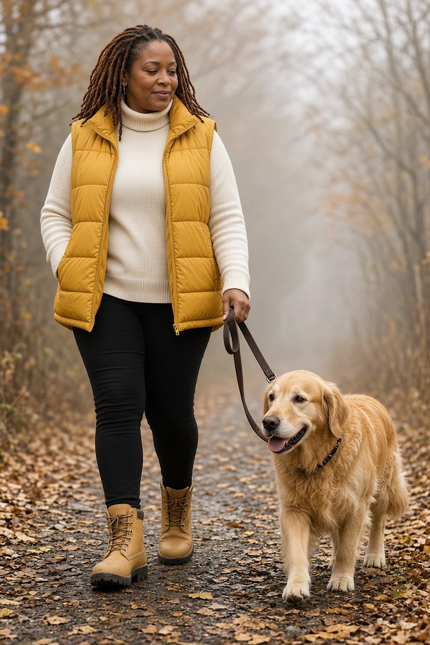 Plus-size woman in mustard puffer vest walking a dog