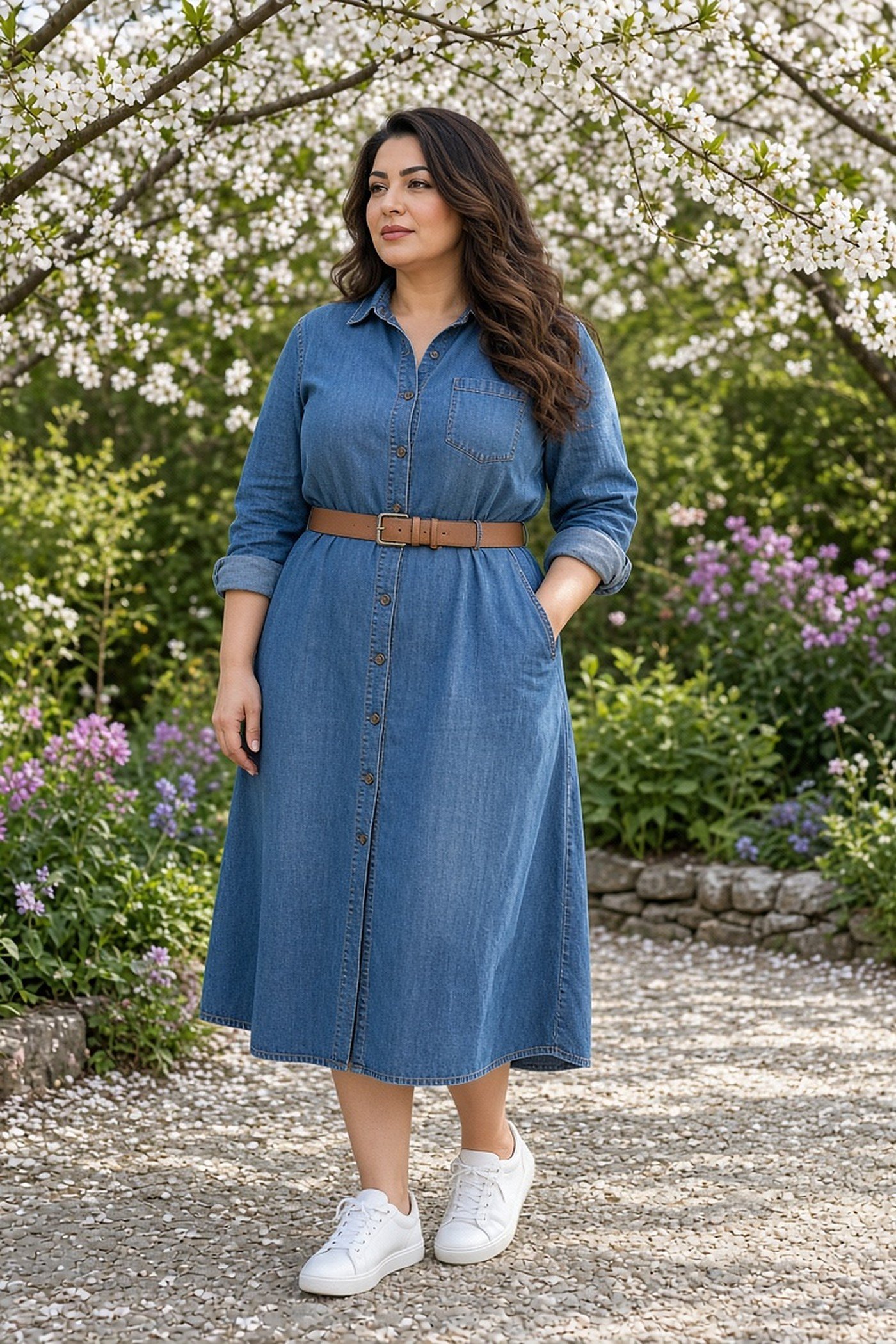 Plus-size woman in belted denim shirt dress