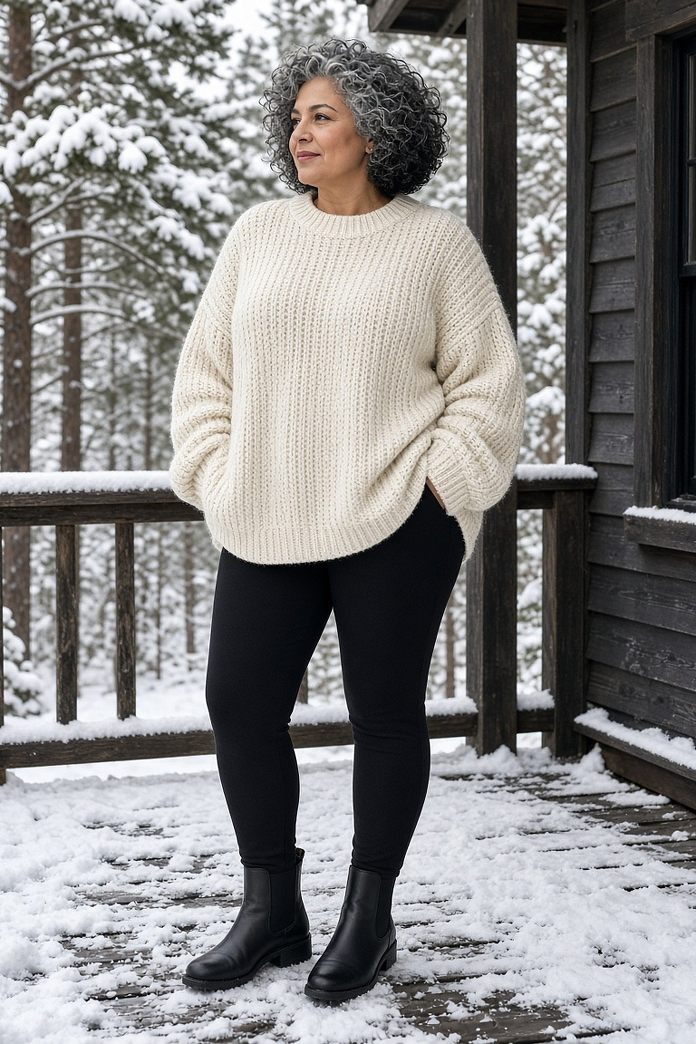 Plus-size woman in oversized ivory sweater and slim leggings