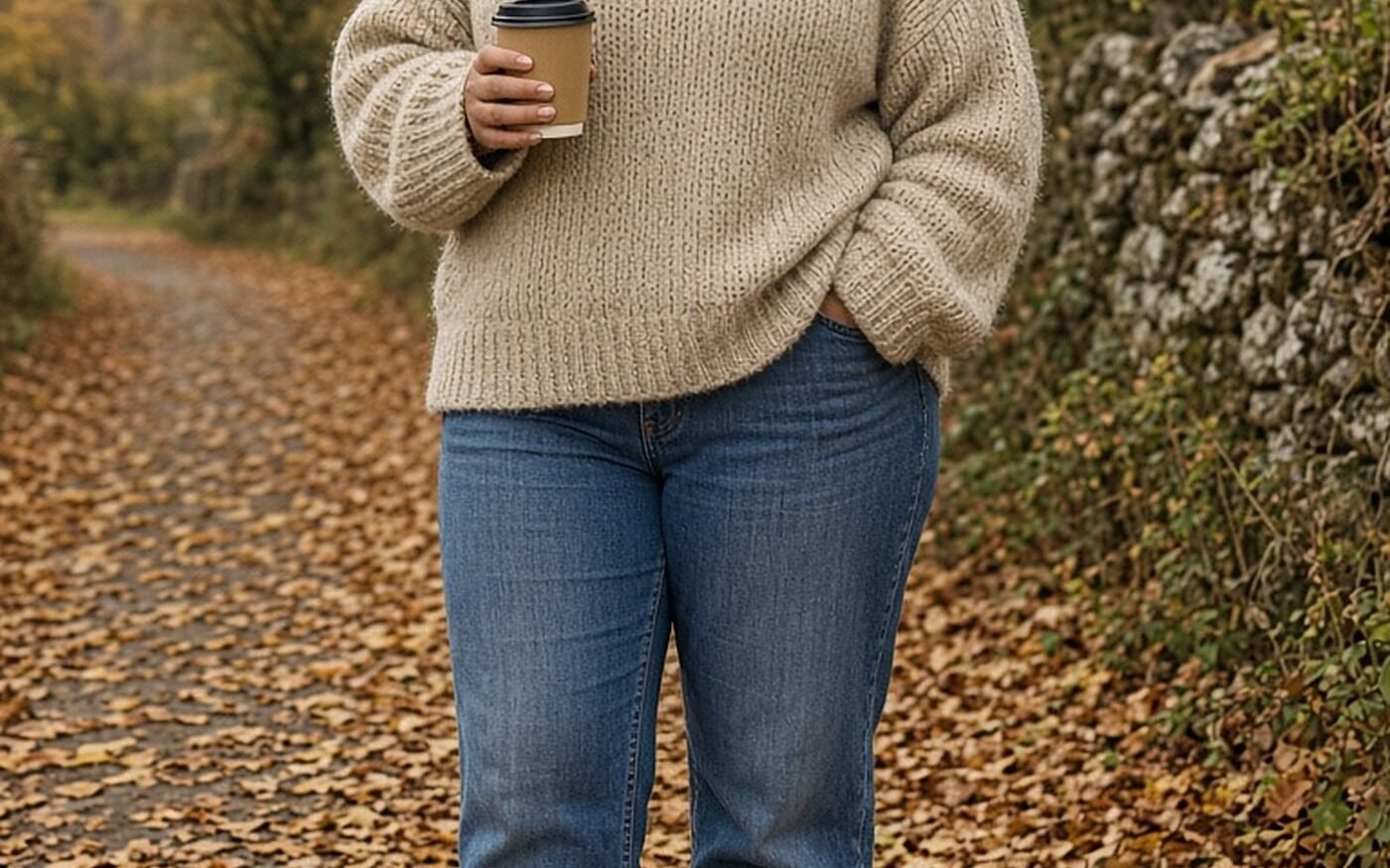 Plus-size woman in cozy oatmeal sweater, straight jeans and suede boots