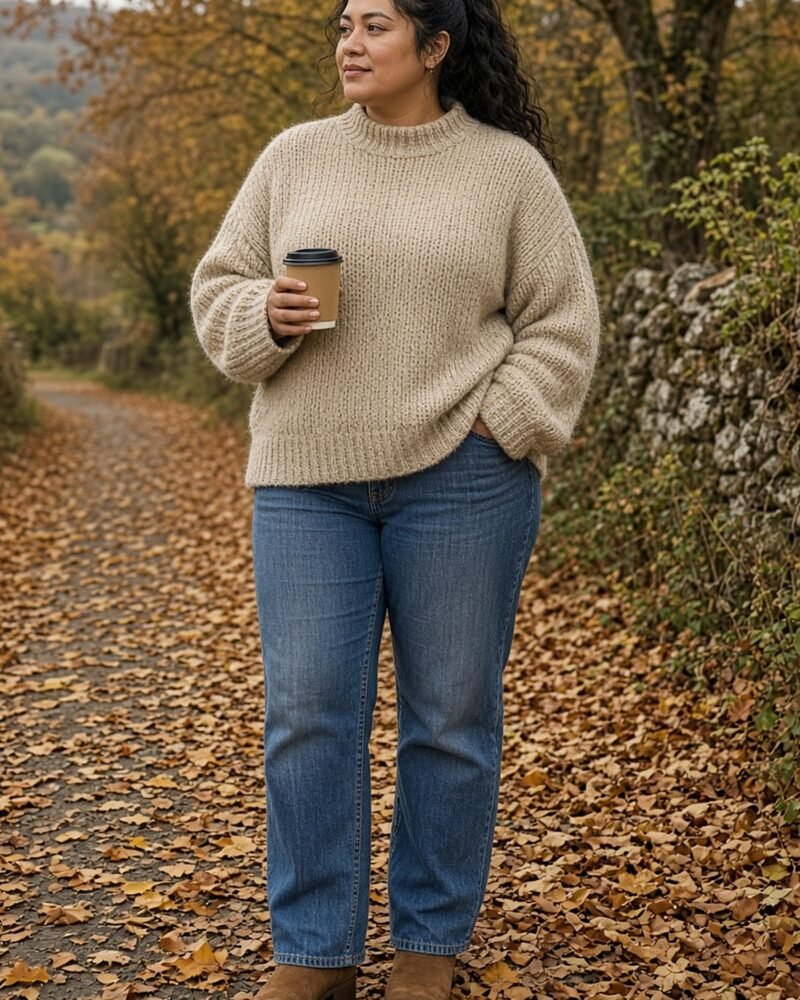 Plus-size woman in cozy oatmeal sweater, straight jeans and suede boots