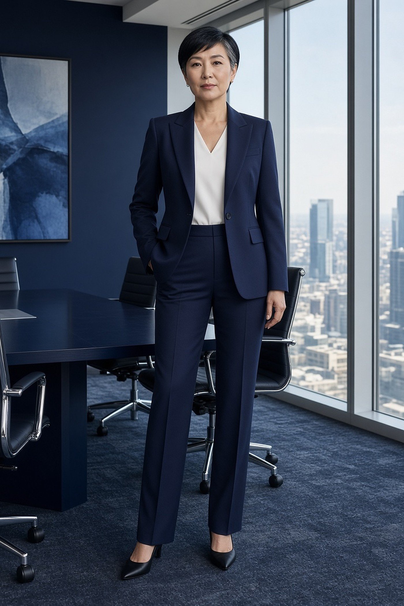 Woman over 50 in navy trouser suit