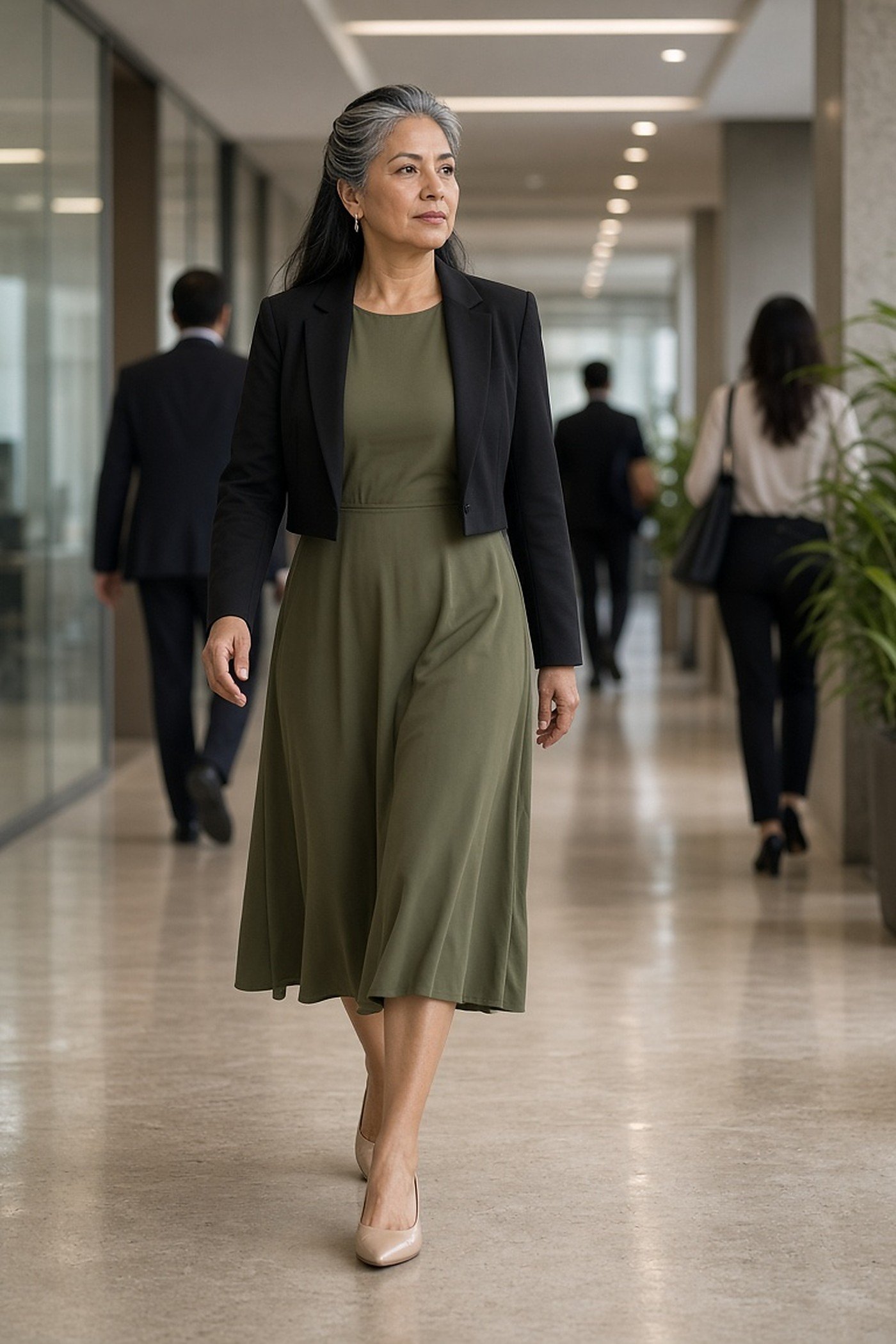 Woman over 50 in nude pointed flats and olive dress