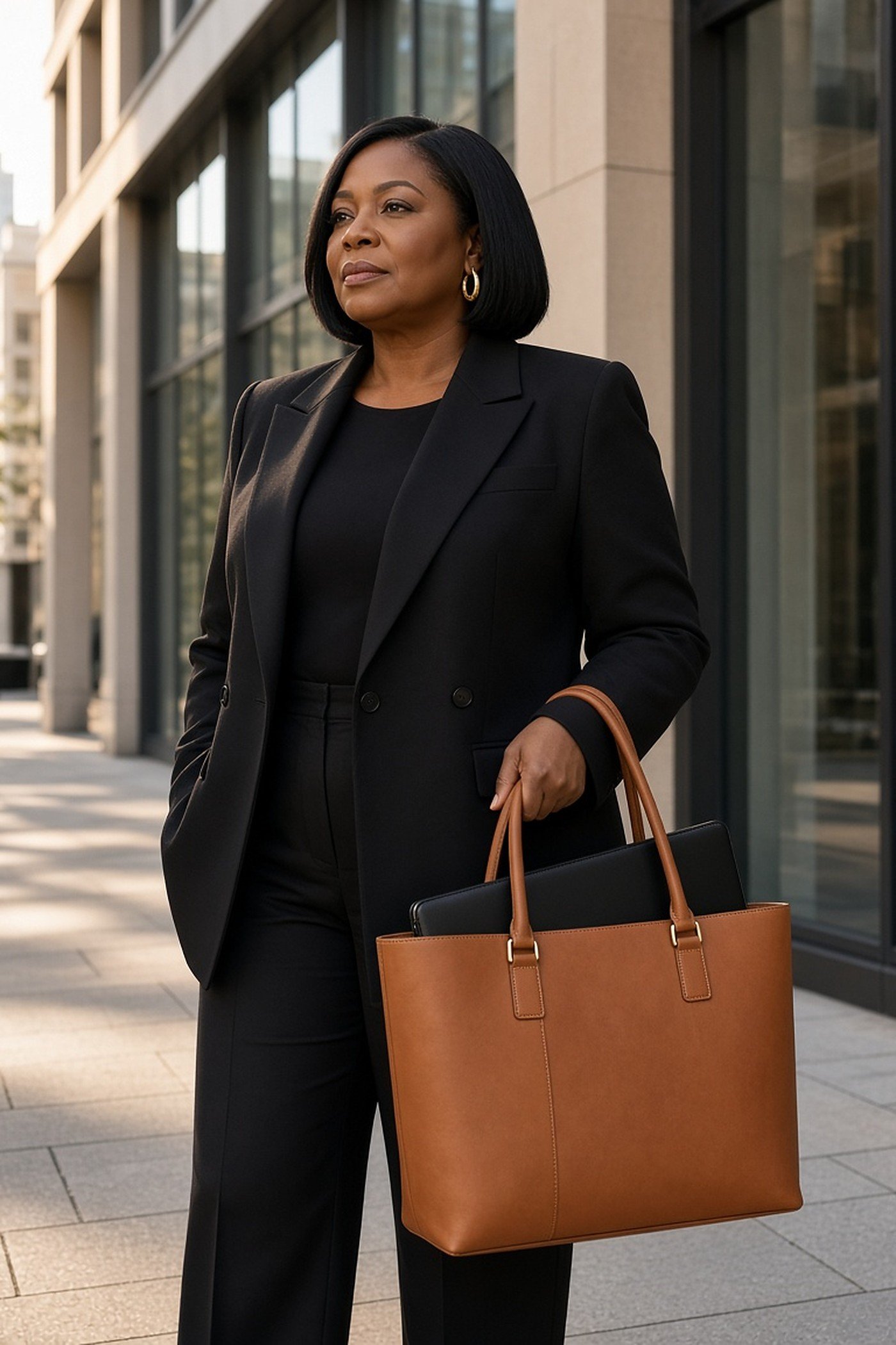 Woman over 50 carrying structured tan work tote