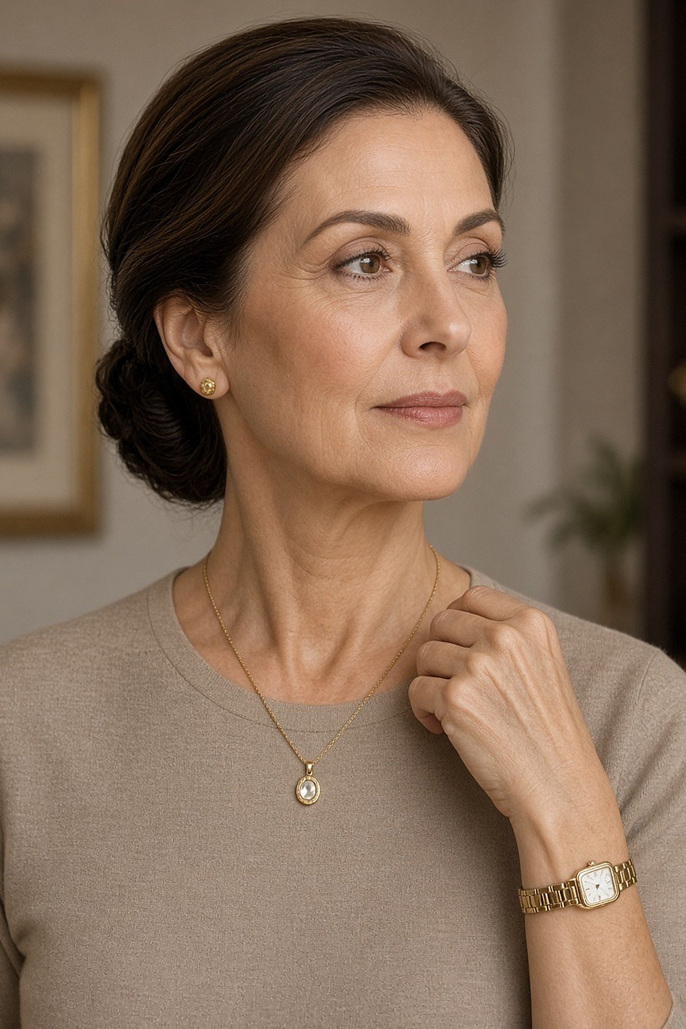 Woman over 50 wearing minimal gold jewelry and watch
