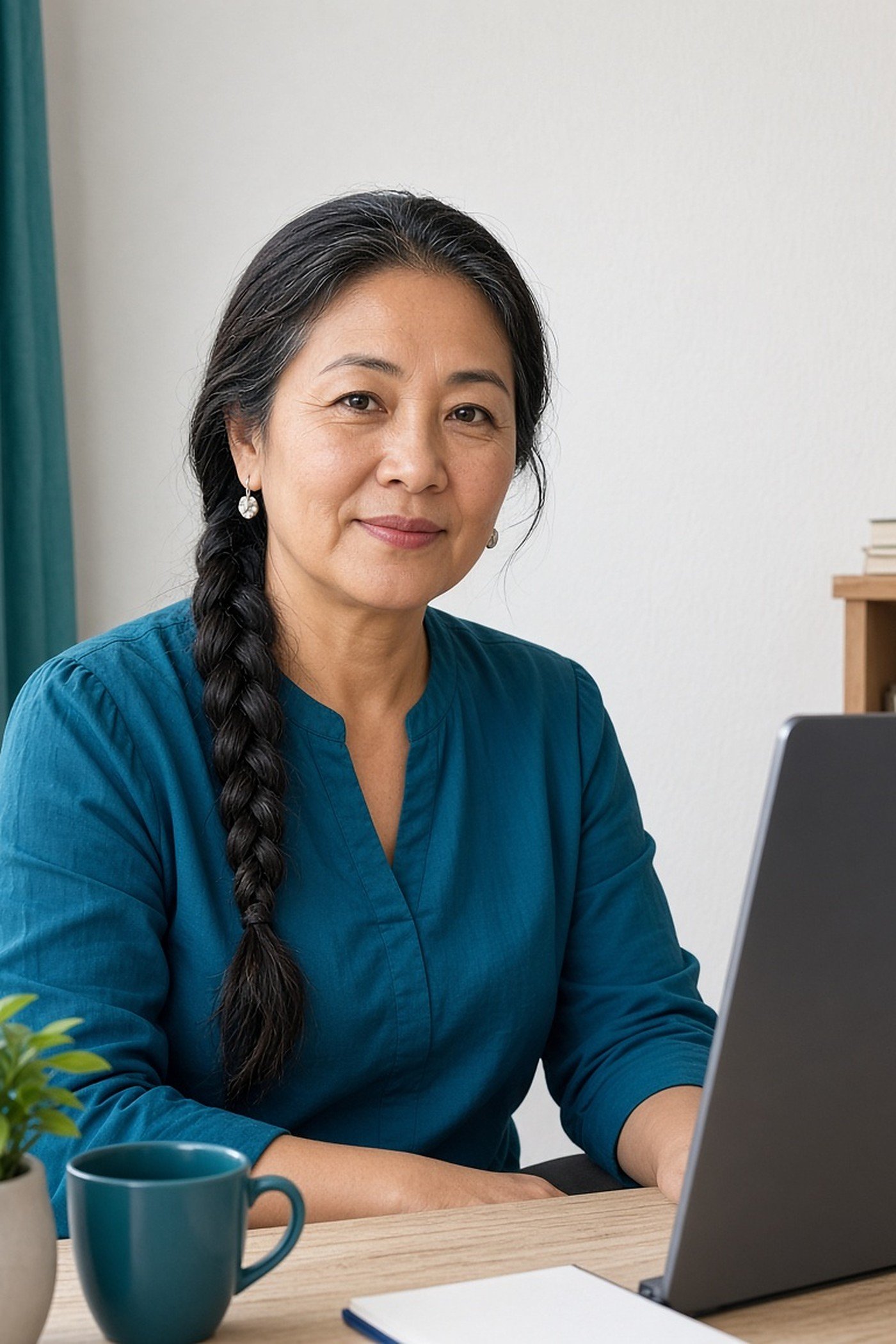 Woman over 50 in teal blouse for a video interview