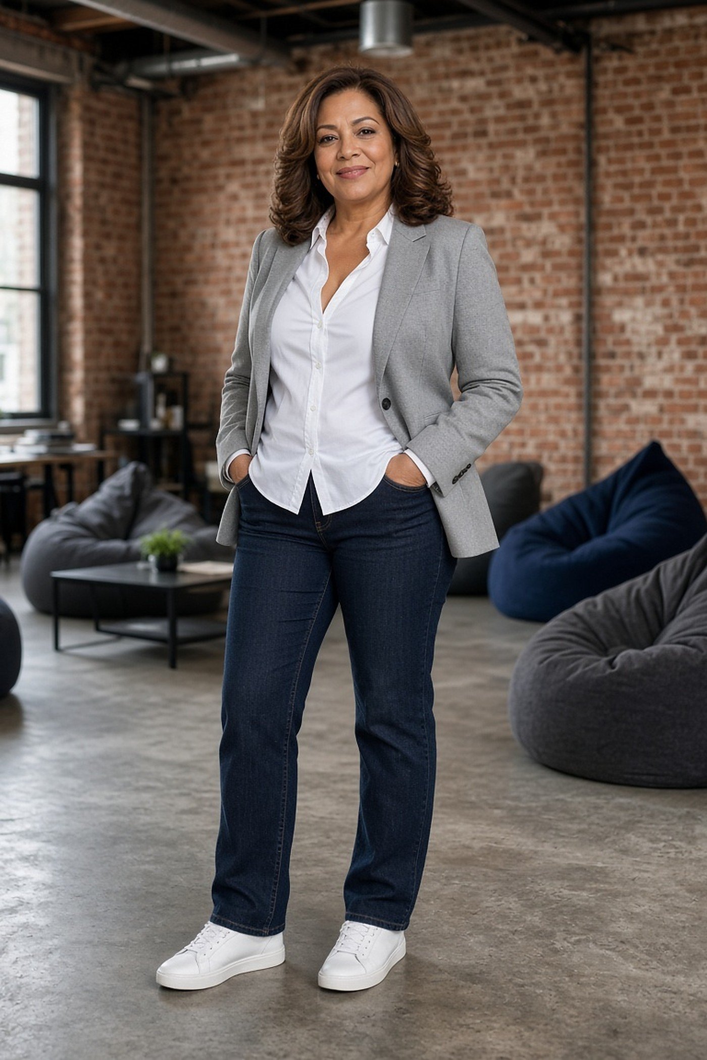 Woman over 50 in smart casual jeans, gray blazer and sneakers