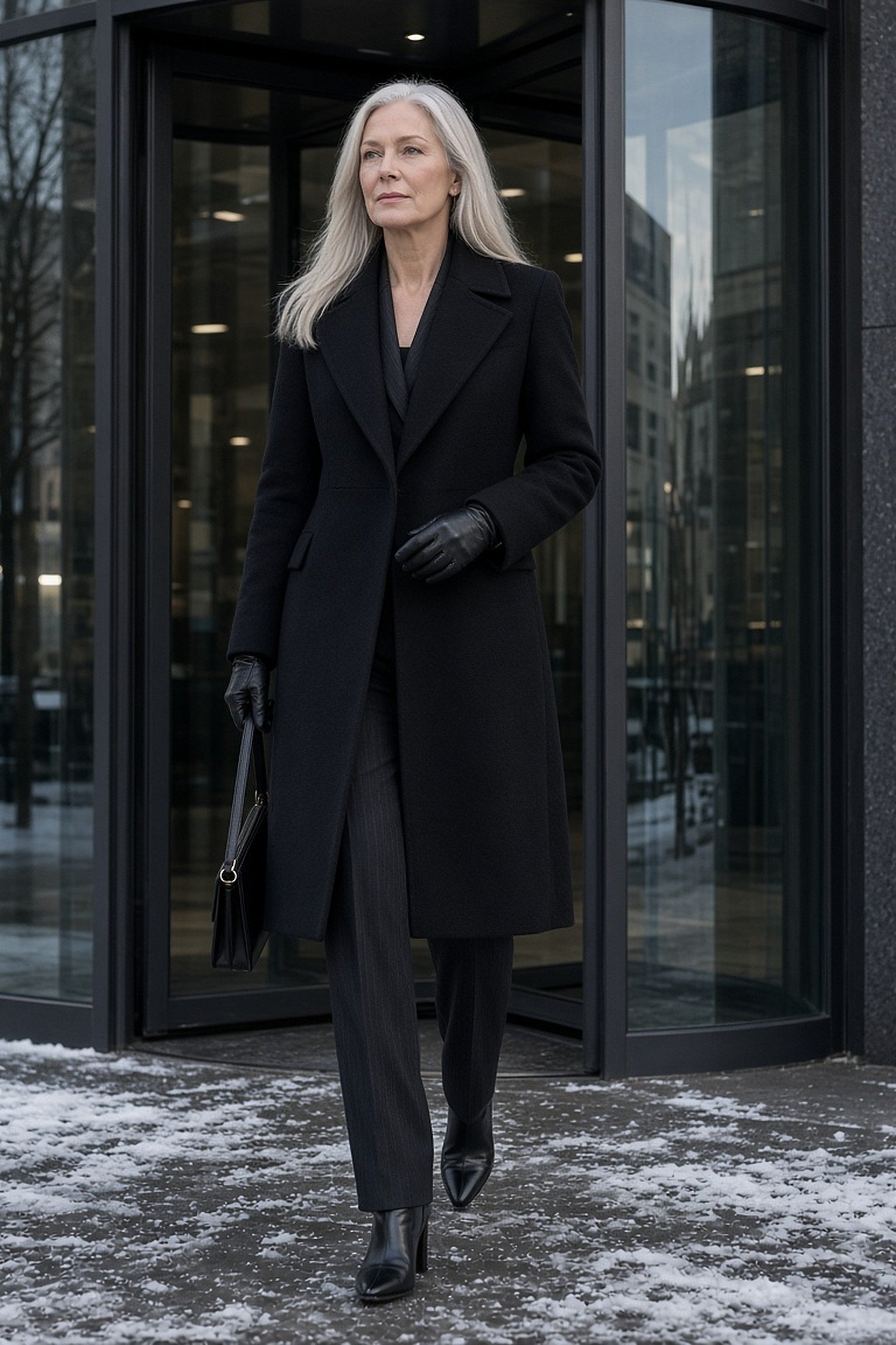 Woman over 50 in tailored black coat arriving at office