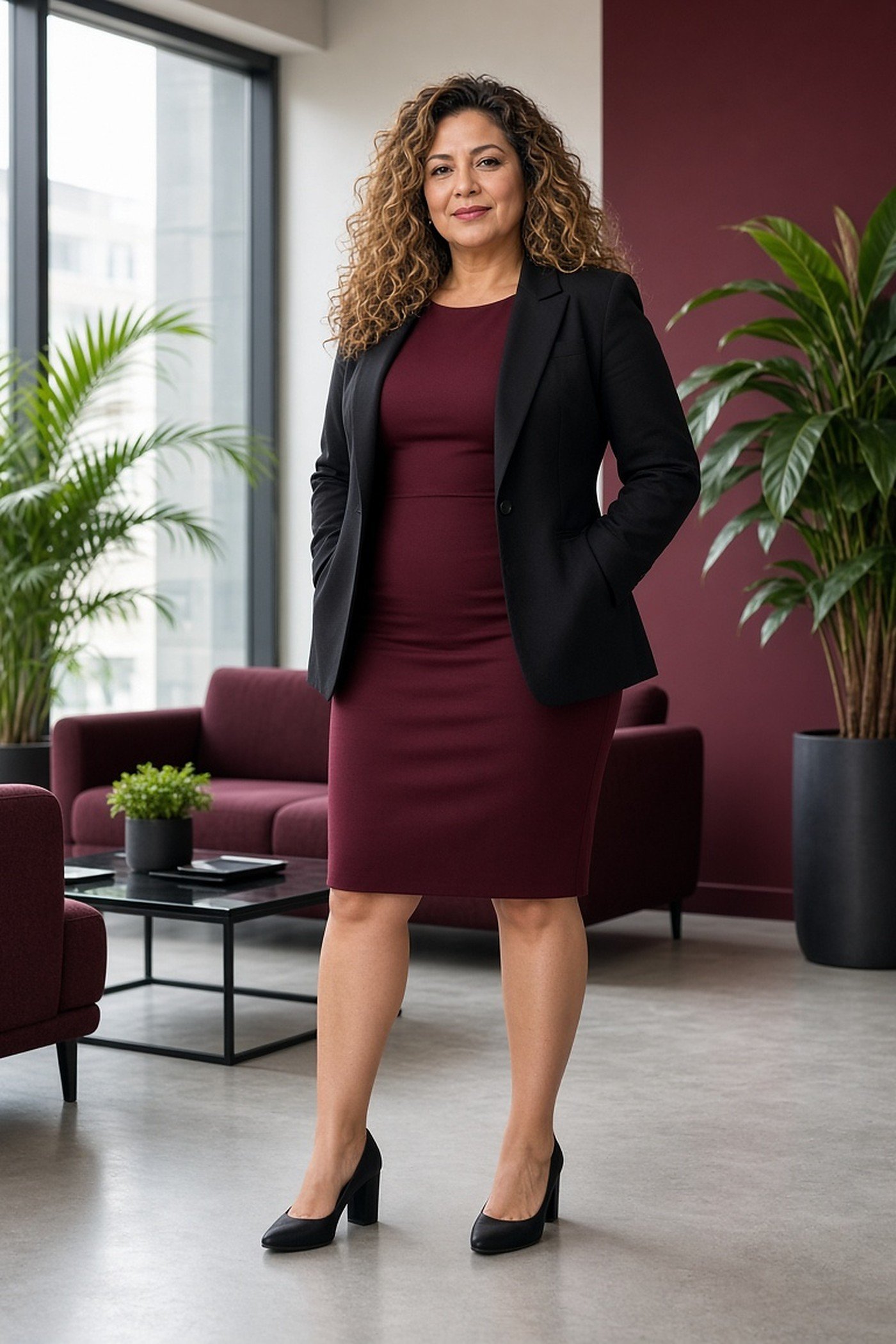 Woman over 50 in burgundy sheath dress and black blazer