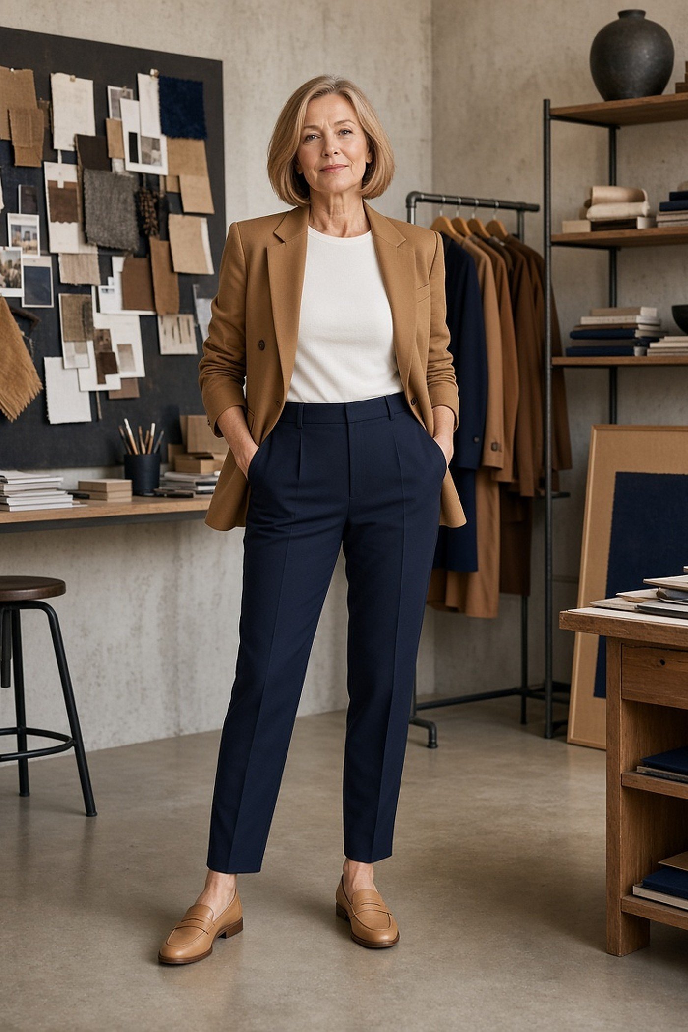 Woman over 50 in camel blazer and navy trousers