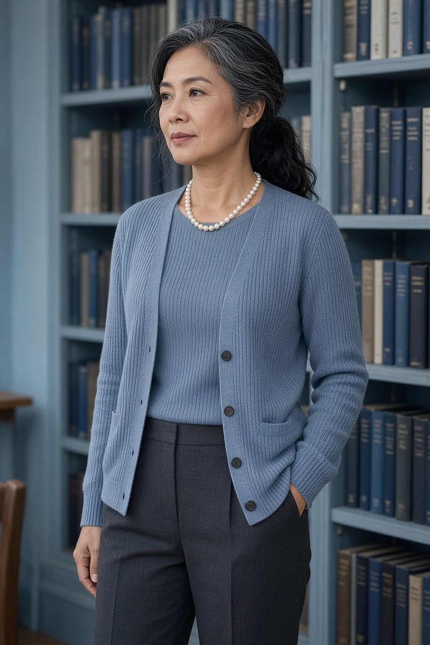 Woman over 50 in dusty-blue knit twinset and pearls