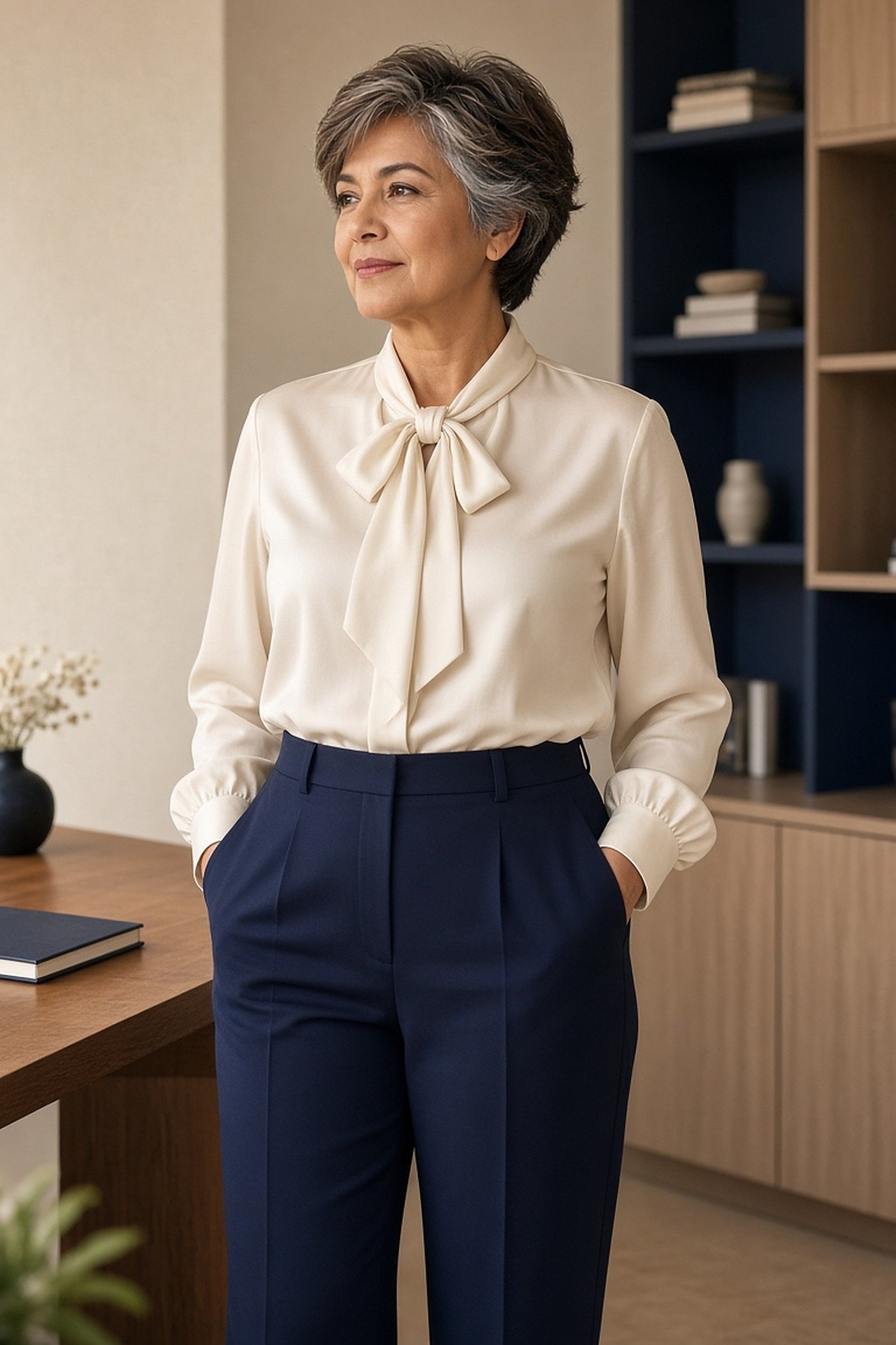 Woman over 50 in cream bow blouse and navy trousers