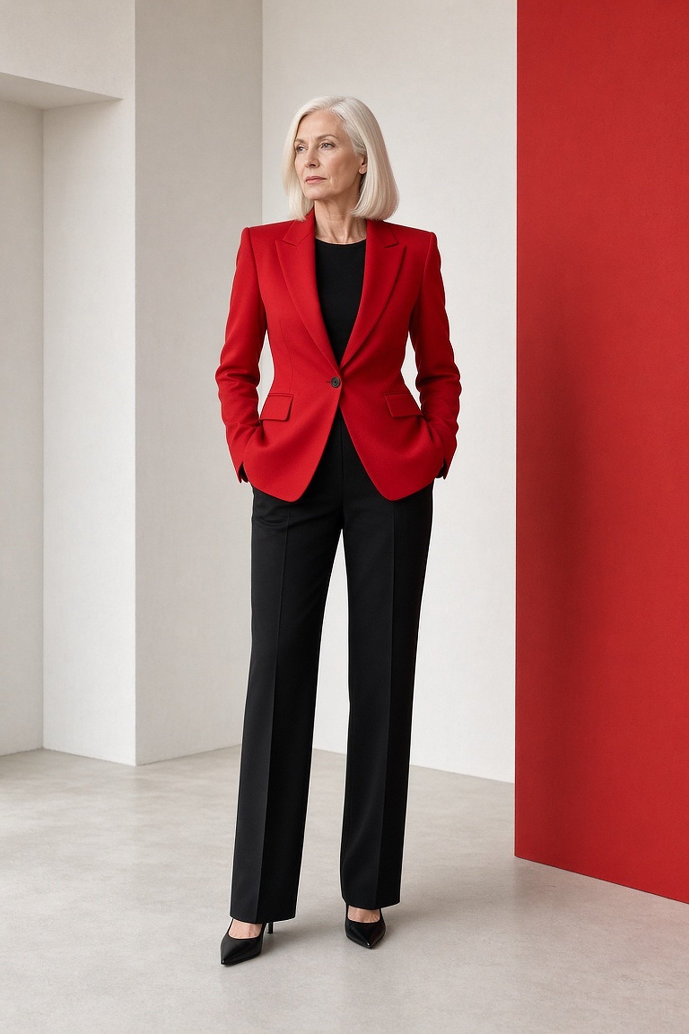 Woman over 50 in red statement blazer and black trousers