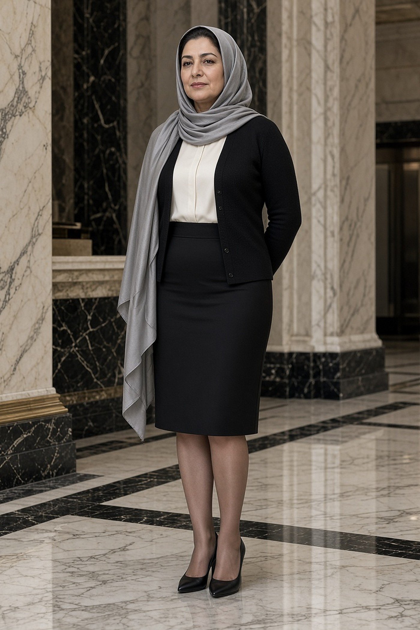 Woman over 50 in ivory silk shell and black pencil skirt