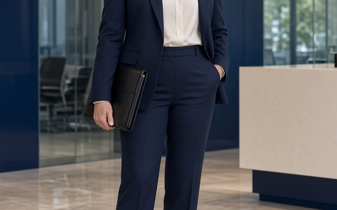 Woman over 50 in navy blazer, cream blouse and navy trousers for a job interview