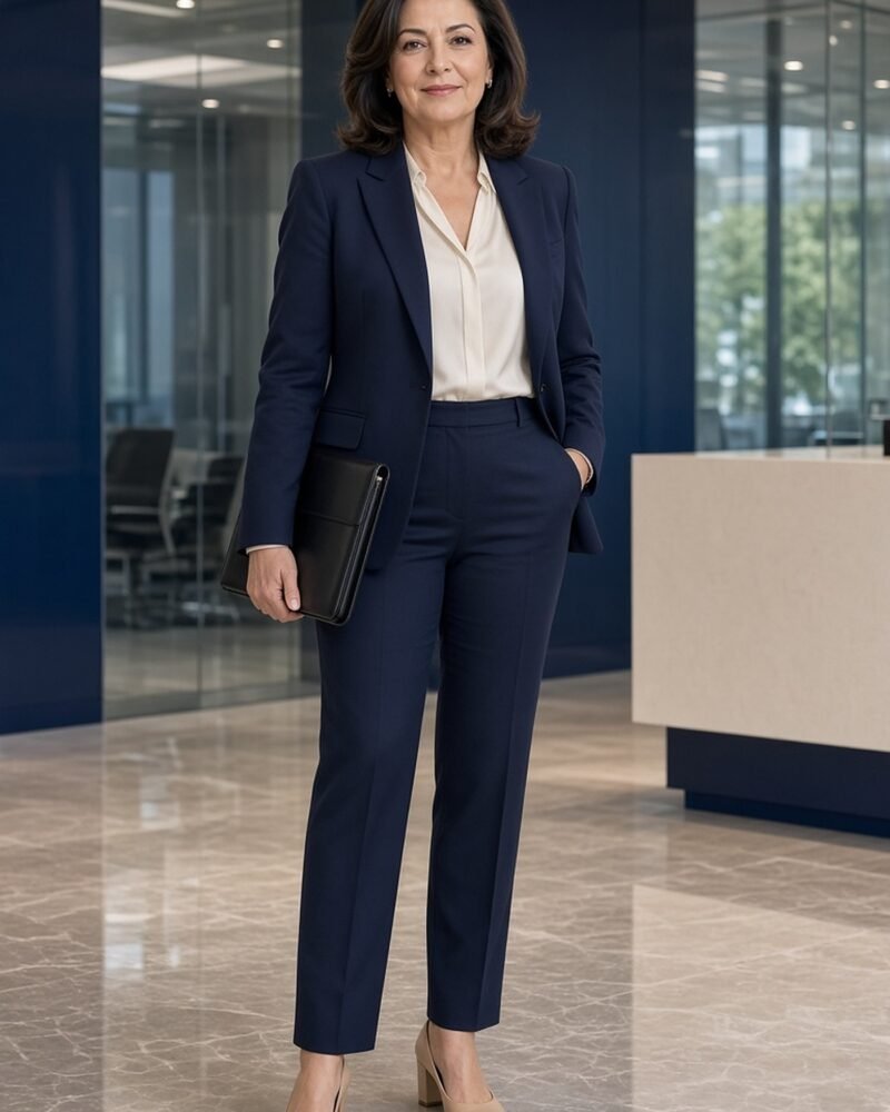 Woman over 50 in navy blazer, cream blouse and navy trousers for a job interview