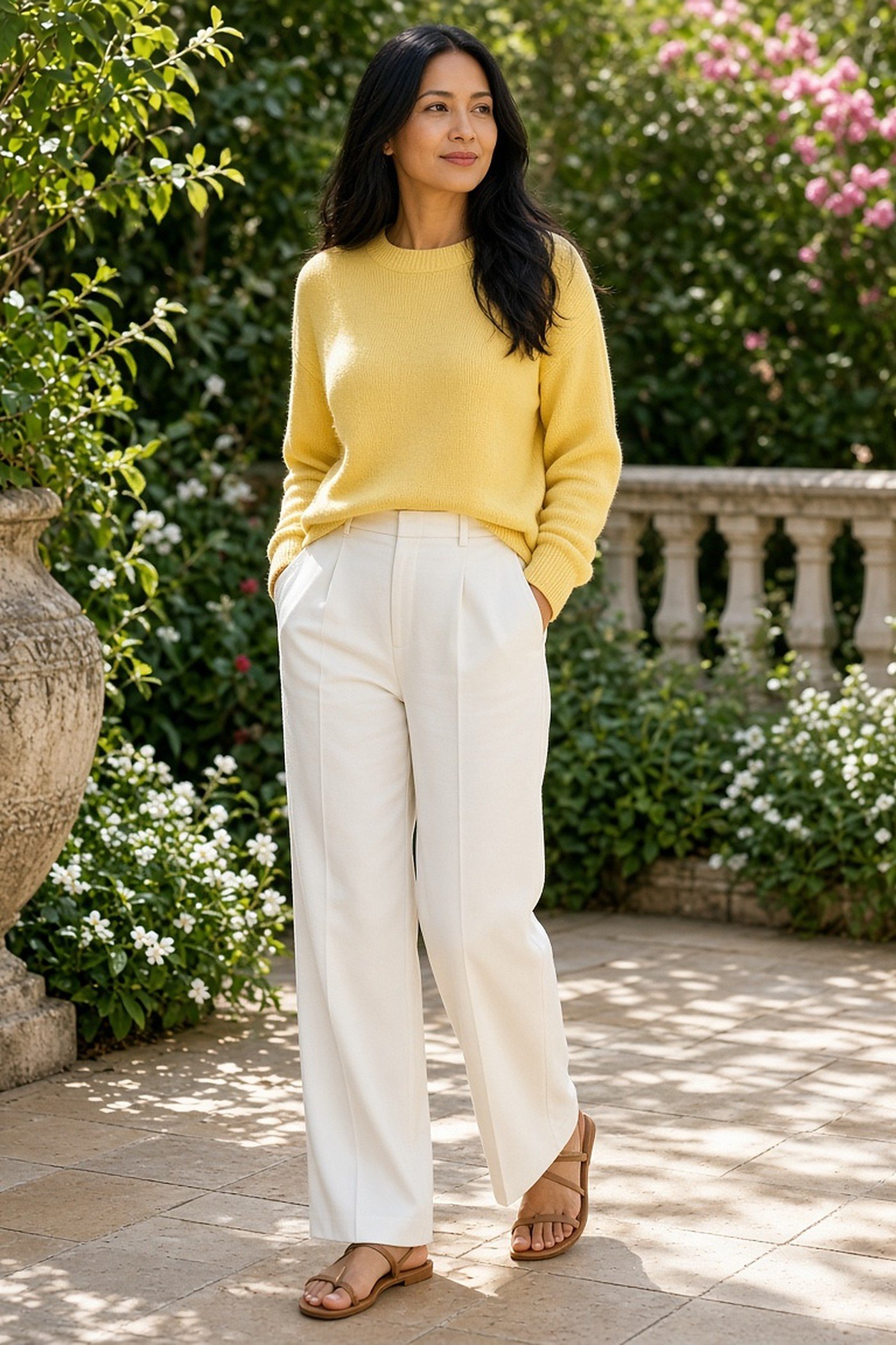 Woman over 40 in butter yellow sweater with white trousers