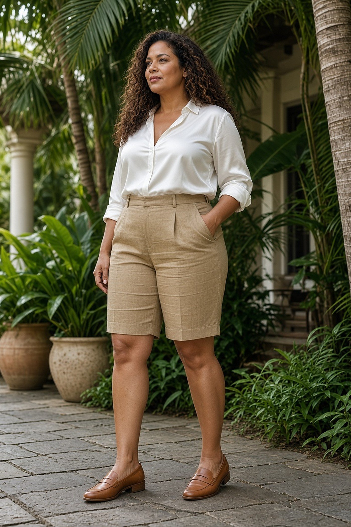 Woman over 40 in tailored Bermuda shorts and silk blouse