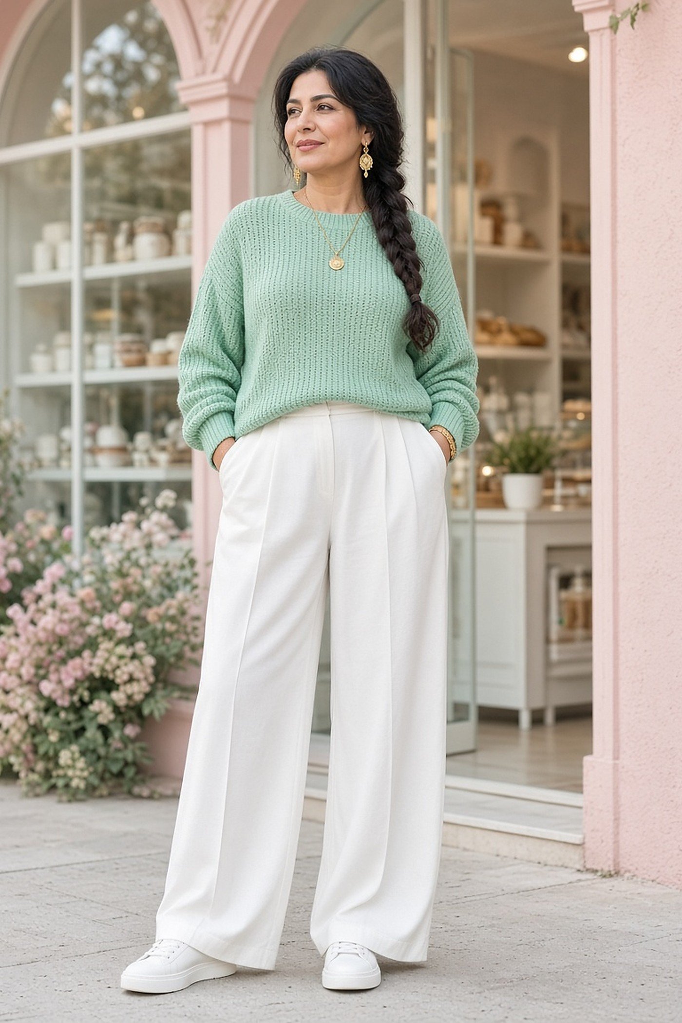 Woman over 40 in mint green knit with white trousers