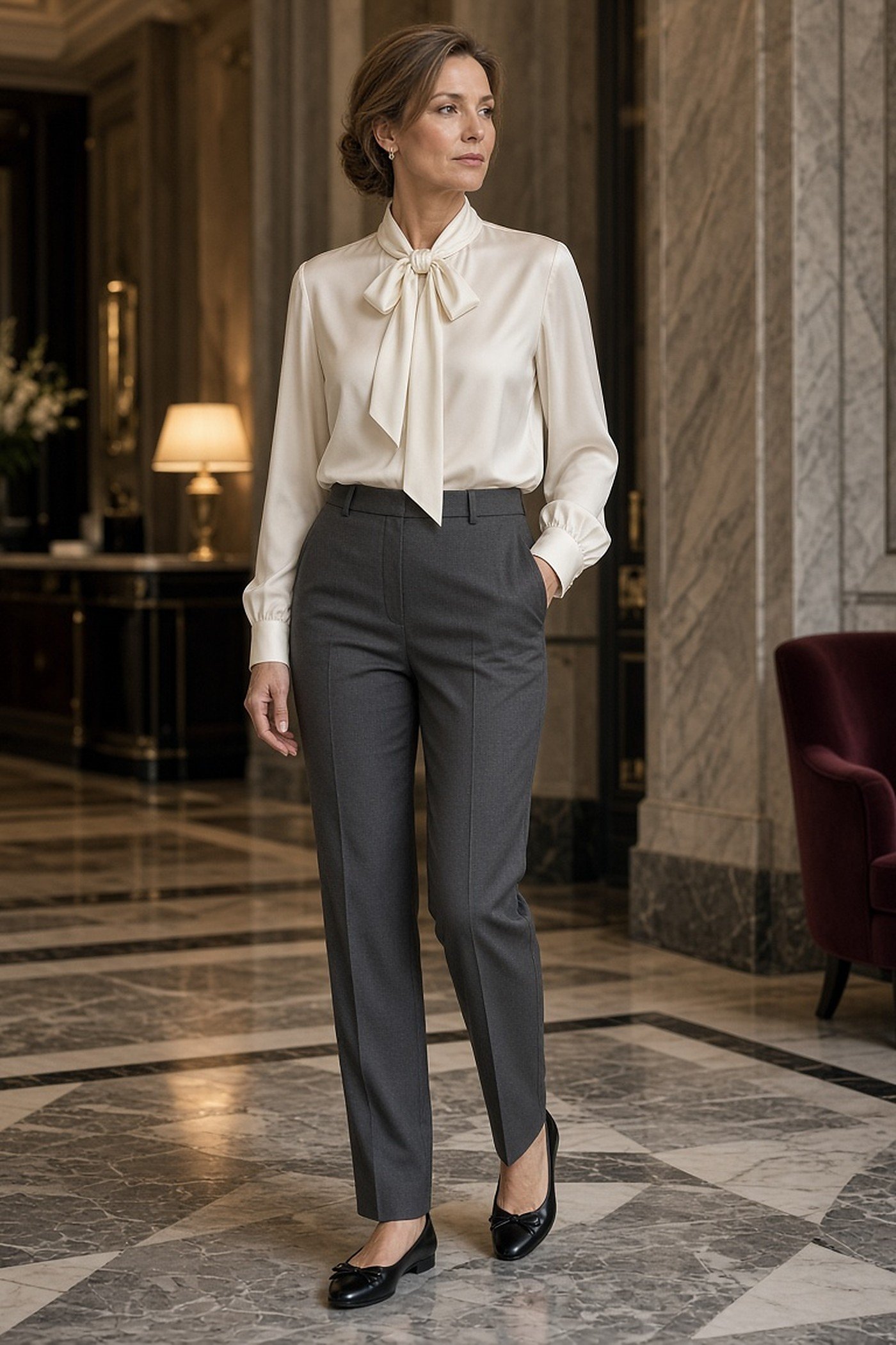 Woman over 40 in pussy-bow blouse and bow flats