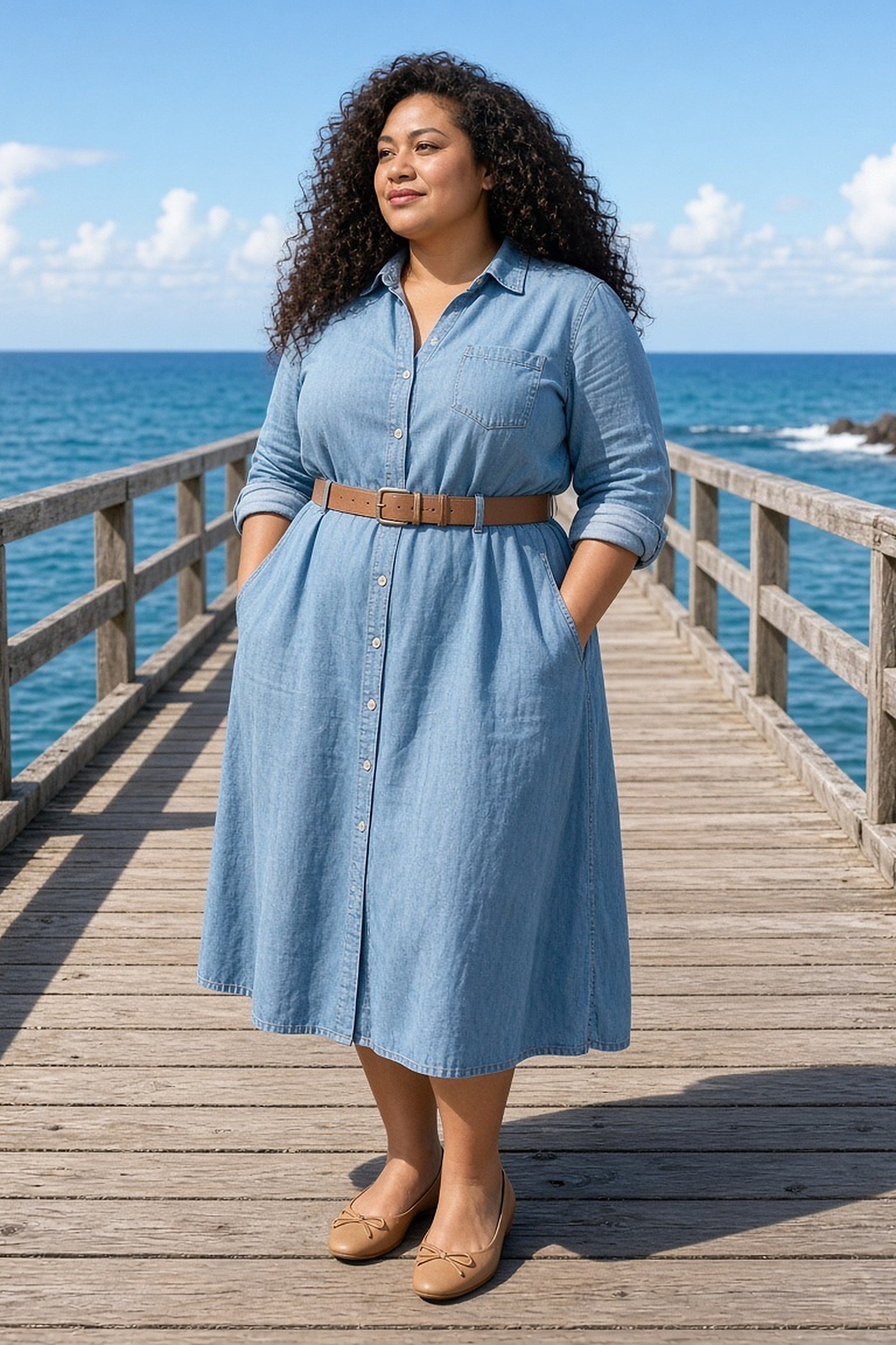 Woman over 40 in belted denim shirt dress
