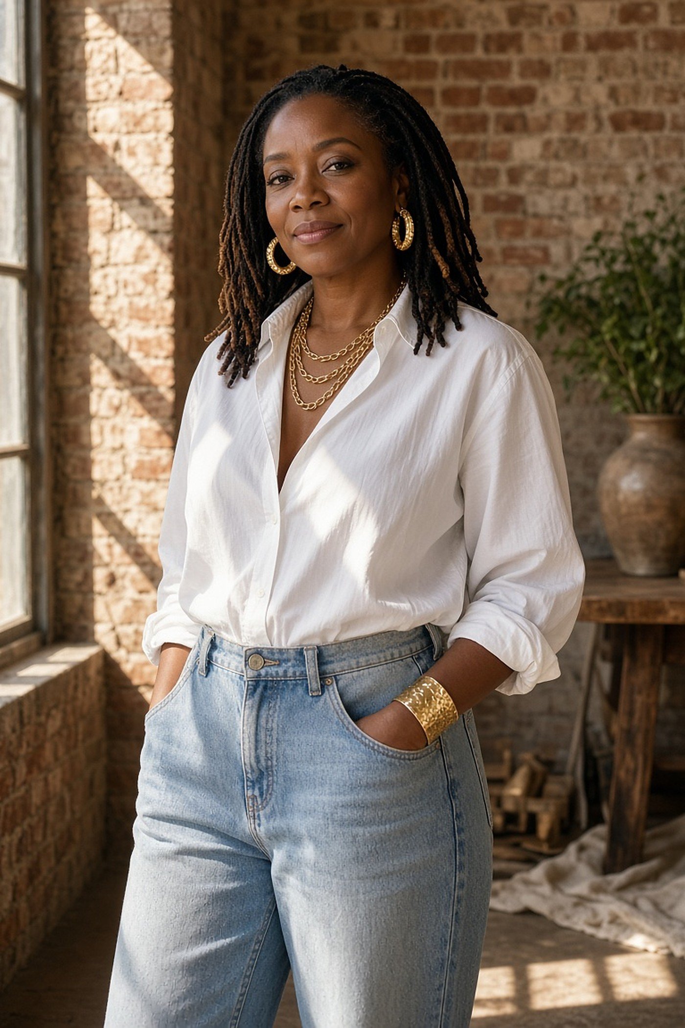 Woman over 40 wearing chunky gold jewelry