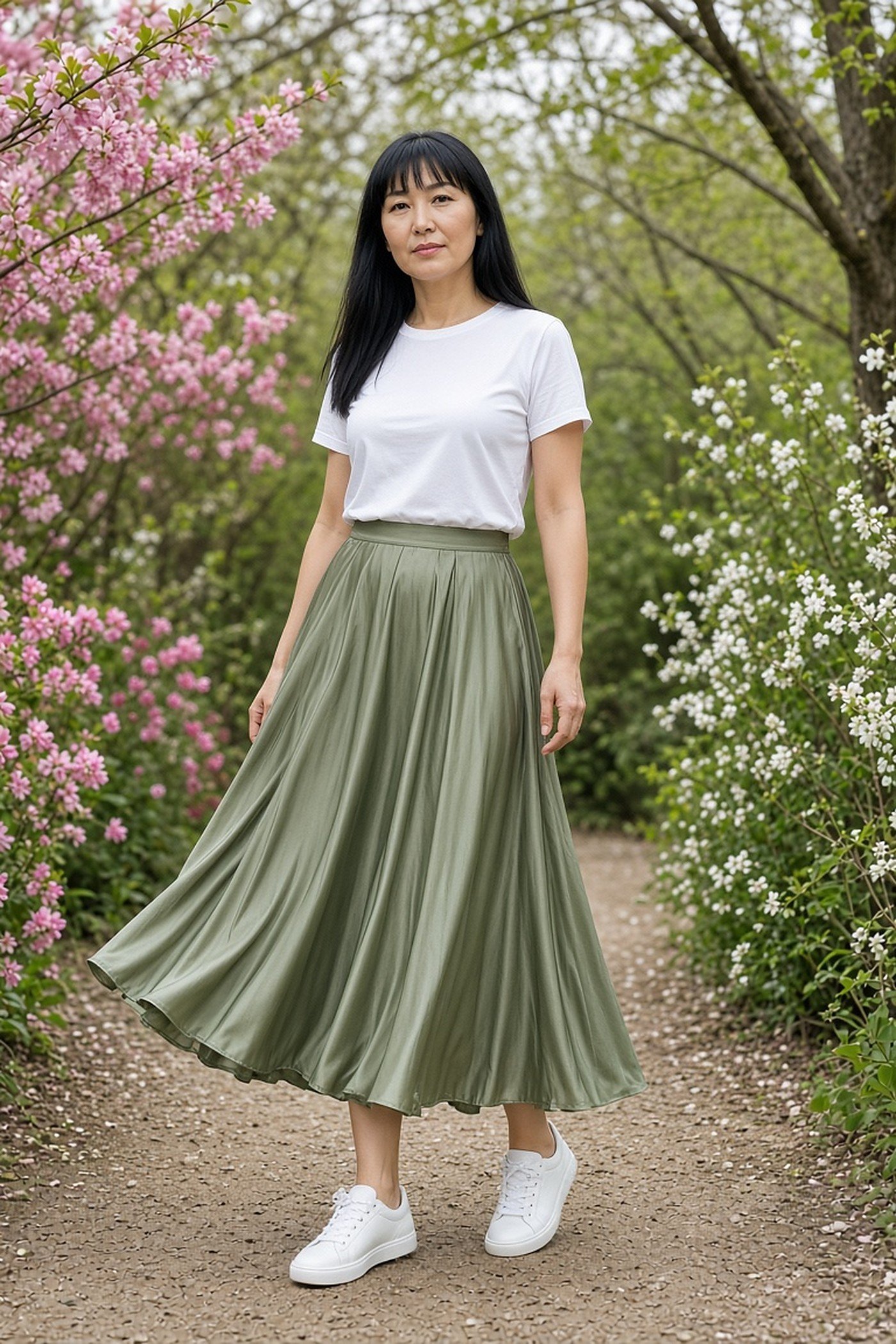 Woman over 40 in pleated satin midi skirt and tee