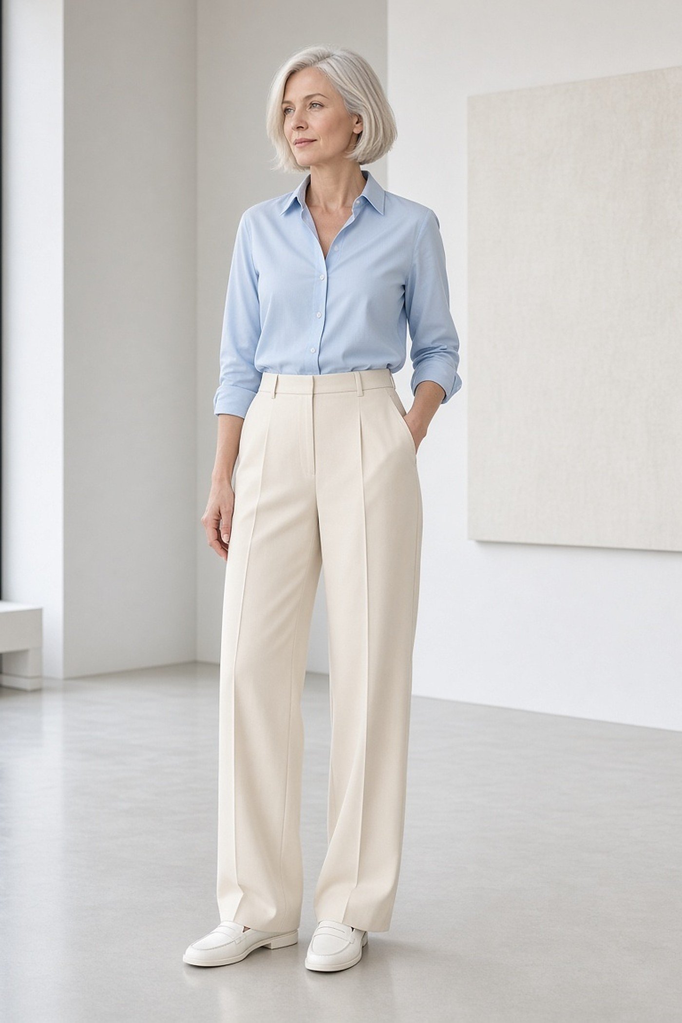 Woman over 40 in powder blue shirt and cream trousers