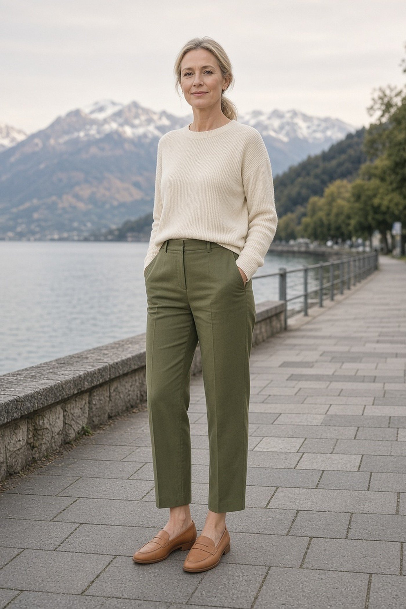 Woman over 40 in cropped trousers and loafers