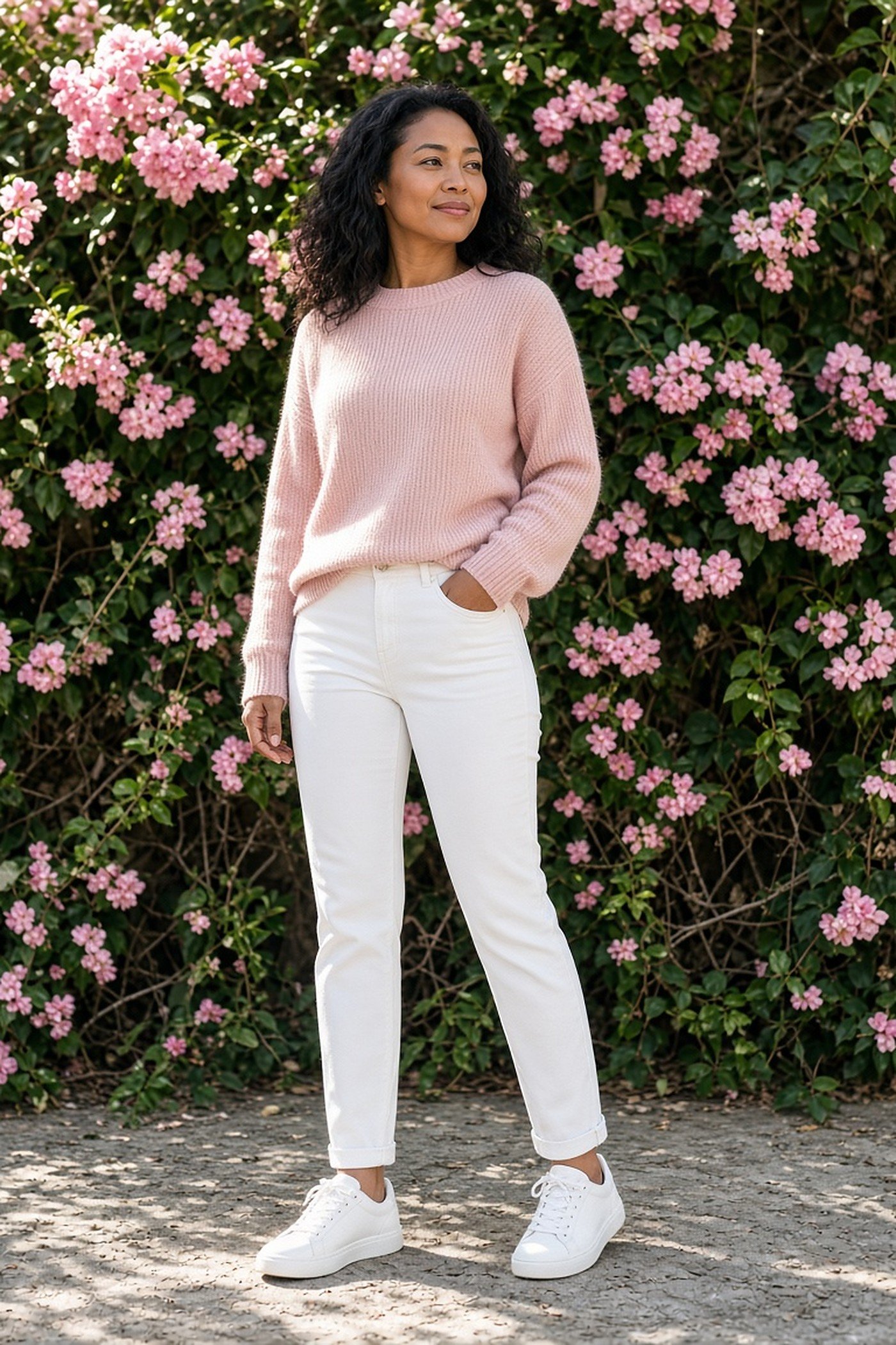 Woman over 40 in soft pink knit with white jeans
