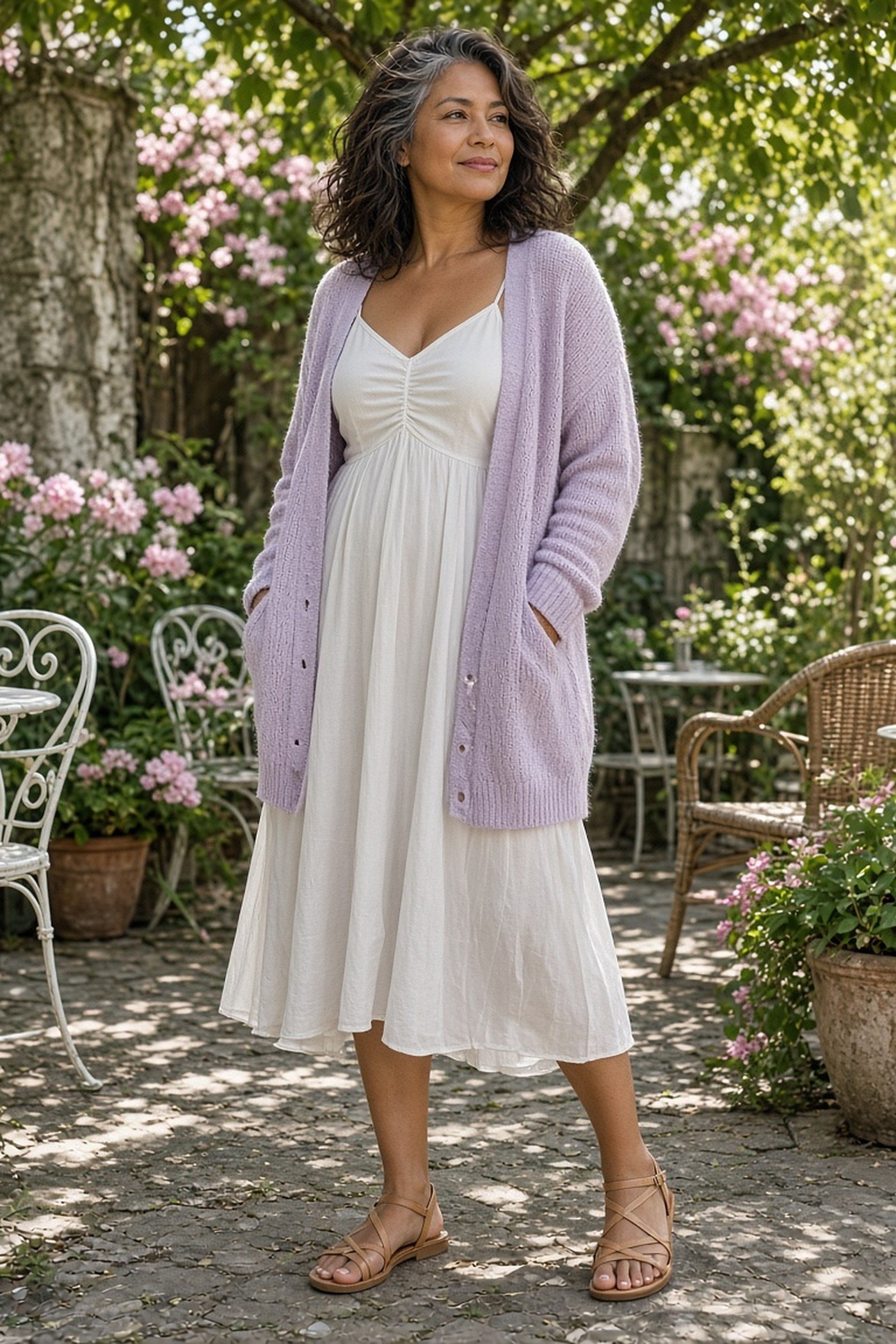 Woman over 40 in lightweight cardigan over slip dress