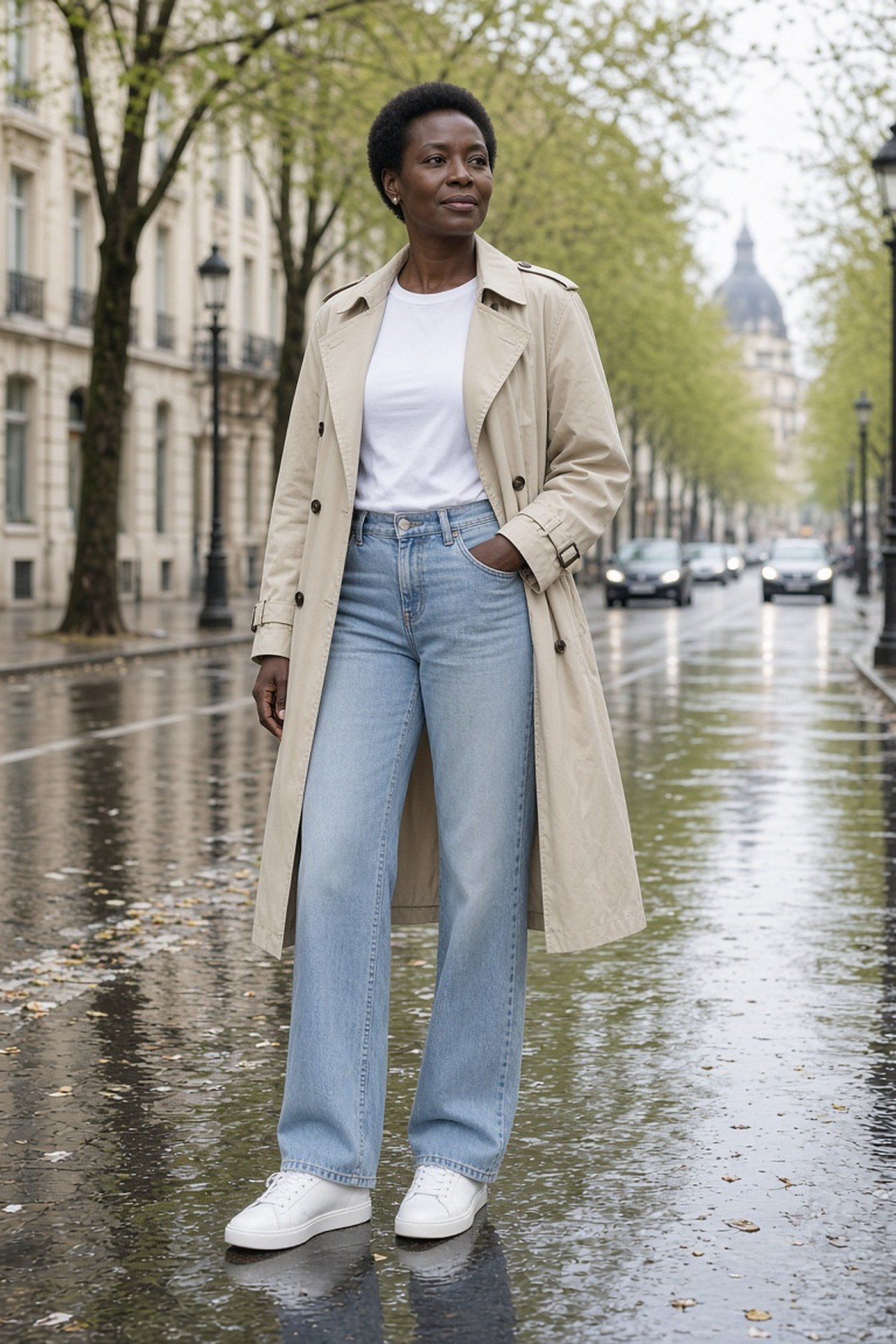 Woman over 40 in lightweight trench coat with jeans and sneakers
