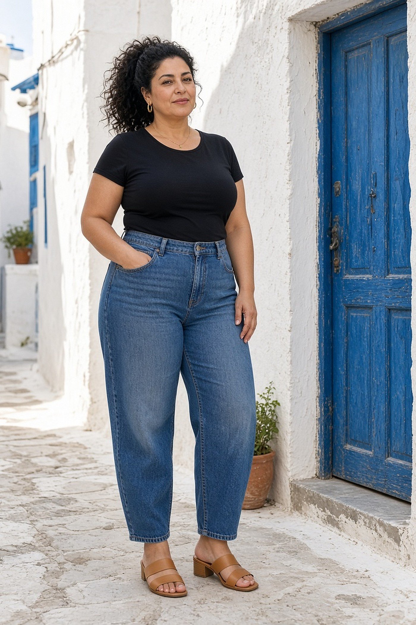 Woman over 40 in barrel-leg jeans and black tee