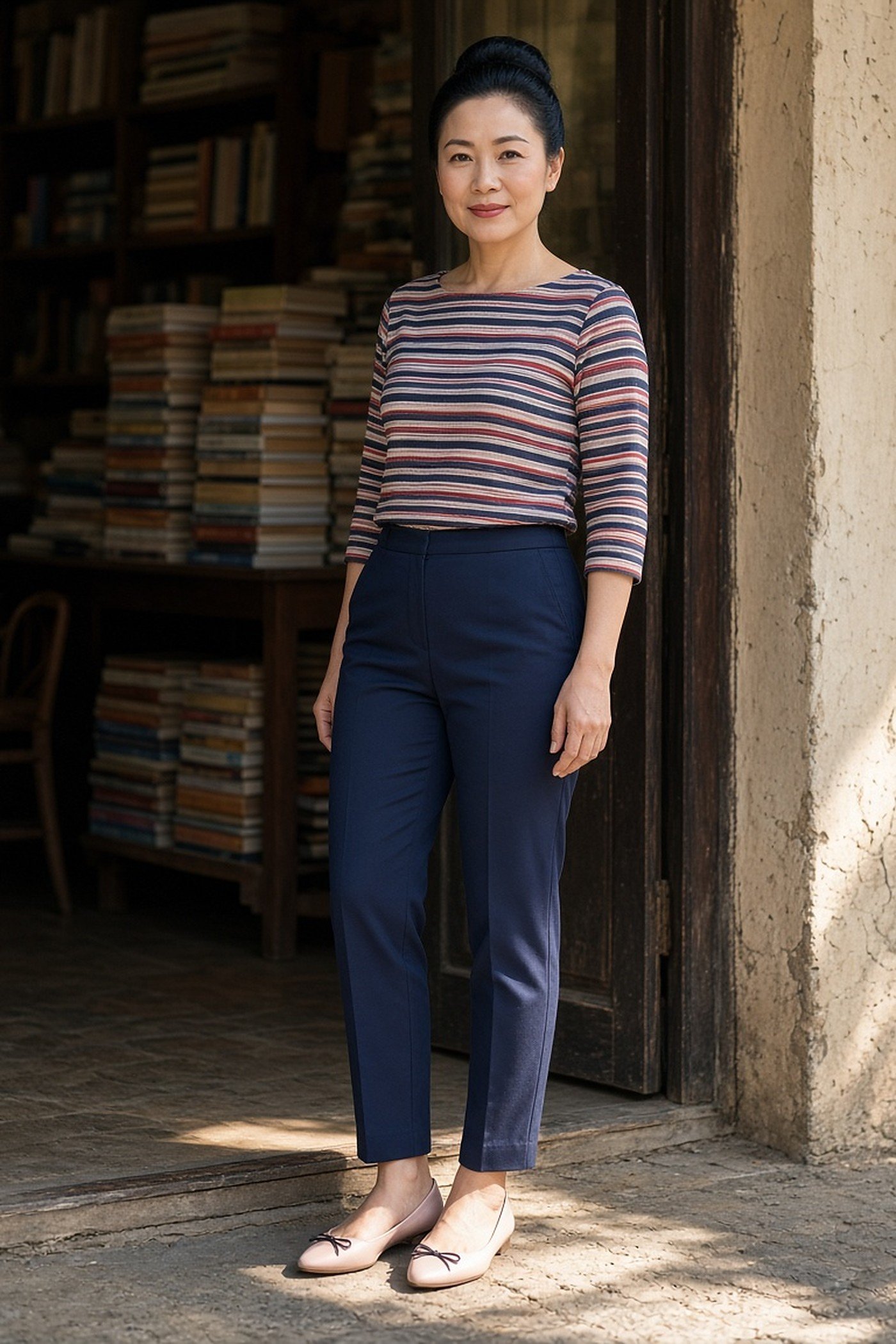 Woman over 40 in ballet flats with cropped navy trousers