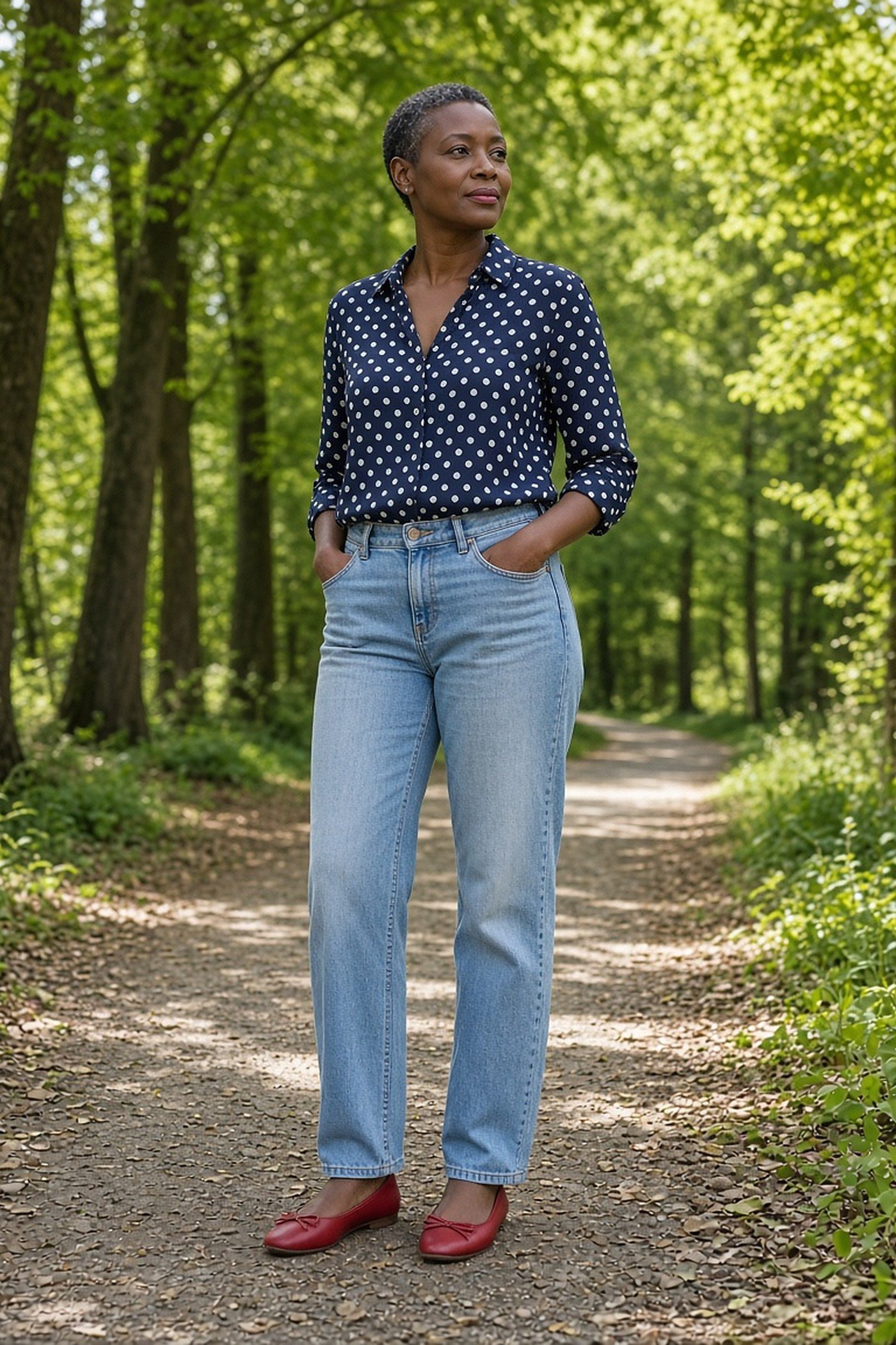 Woman over 40 in polka dot blouse with jeans