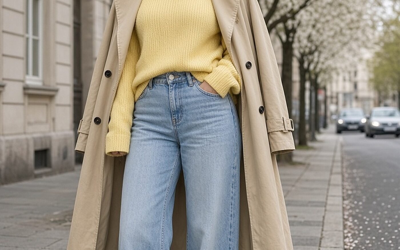 Woman over 40 in butter yellow knit, trench and wide-leg jeans for spring 2027