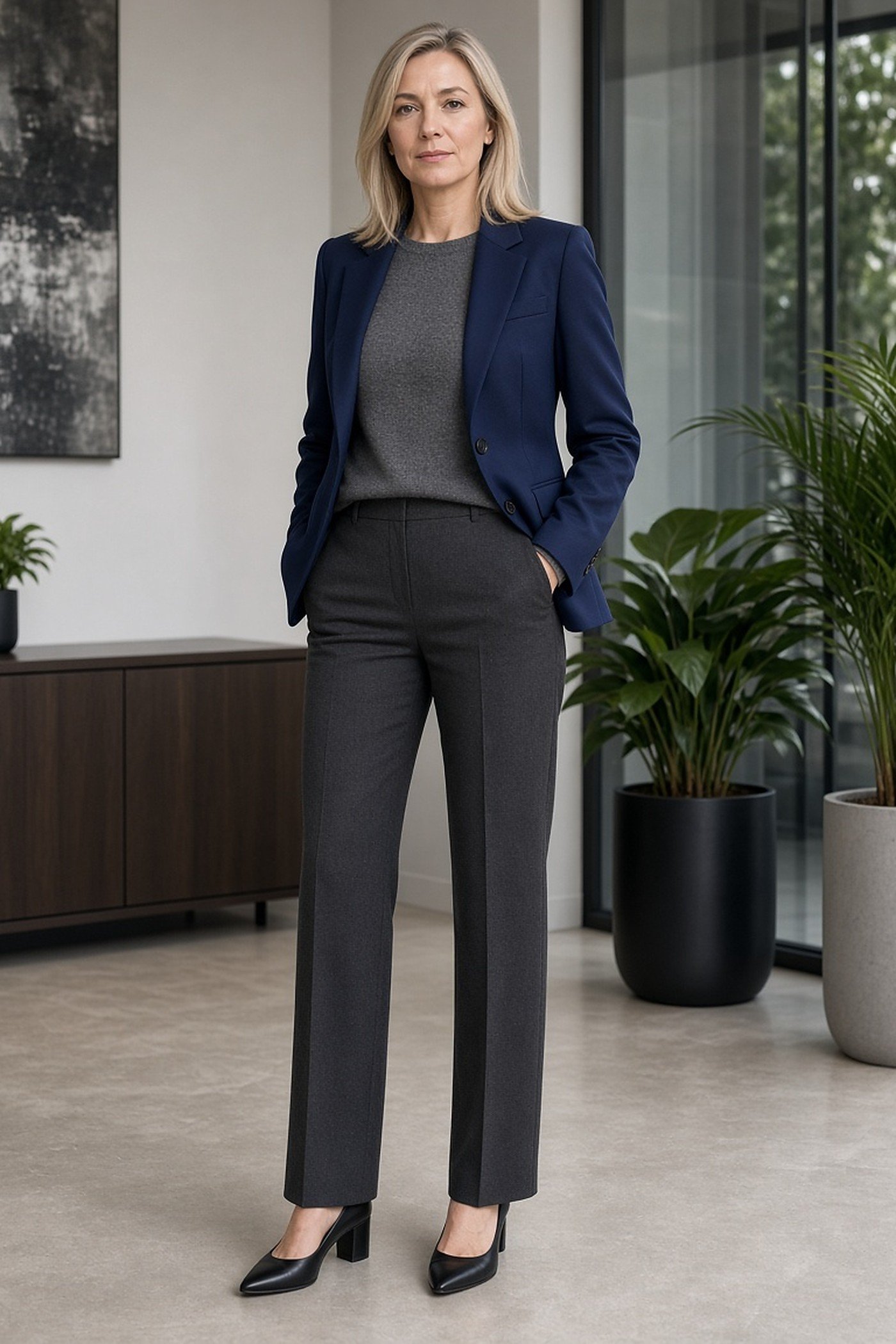 Woman over 40 in navy blazer, gray knit and straight trousers