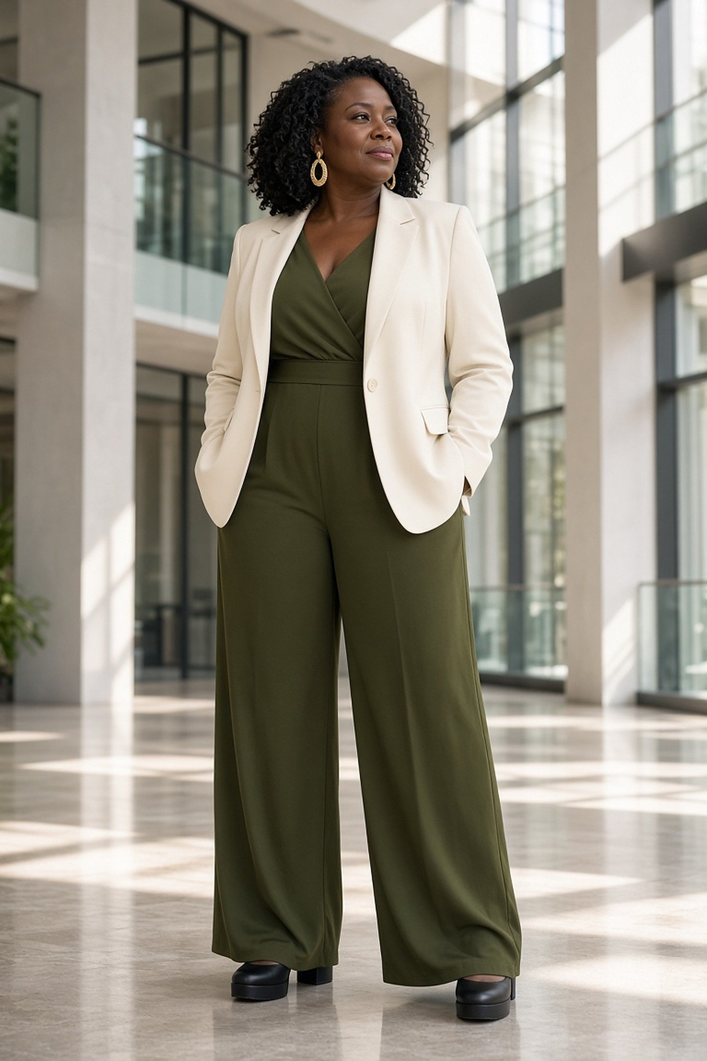 Woman over 40 in olive jumpsuit with cream blazer