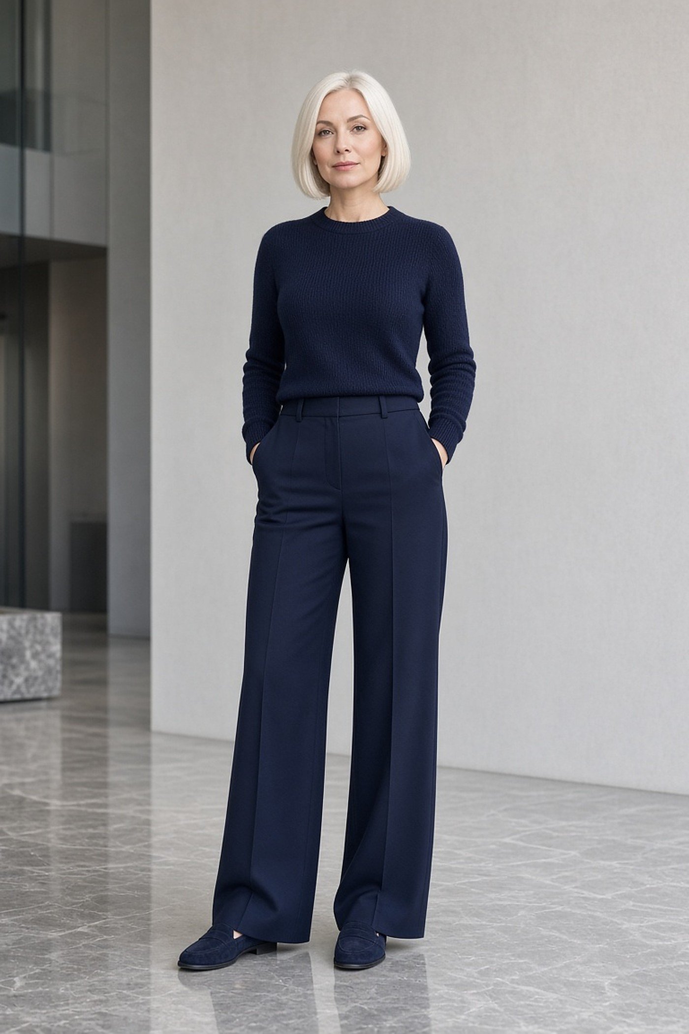 Woman over 40 in monochrome navy office outfit
