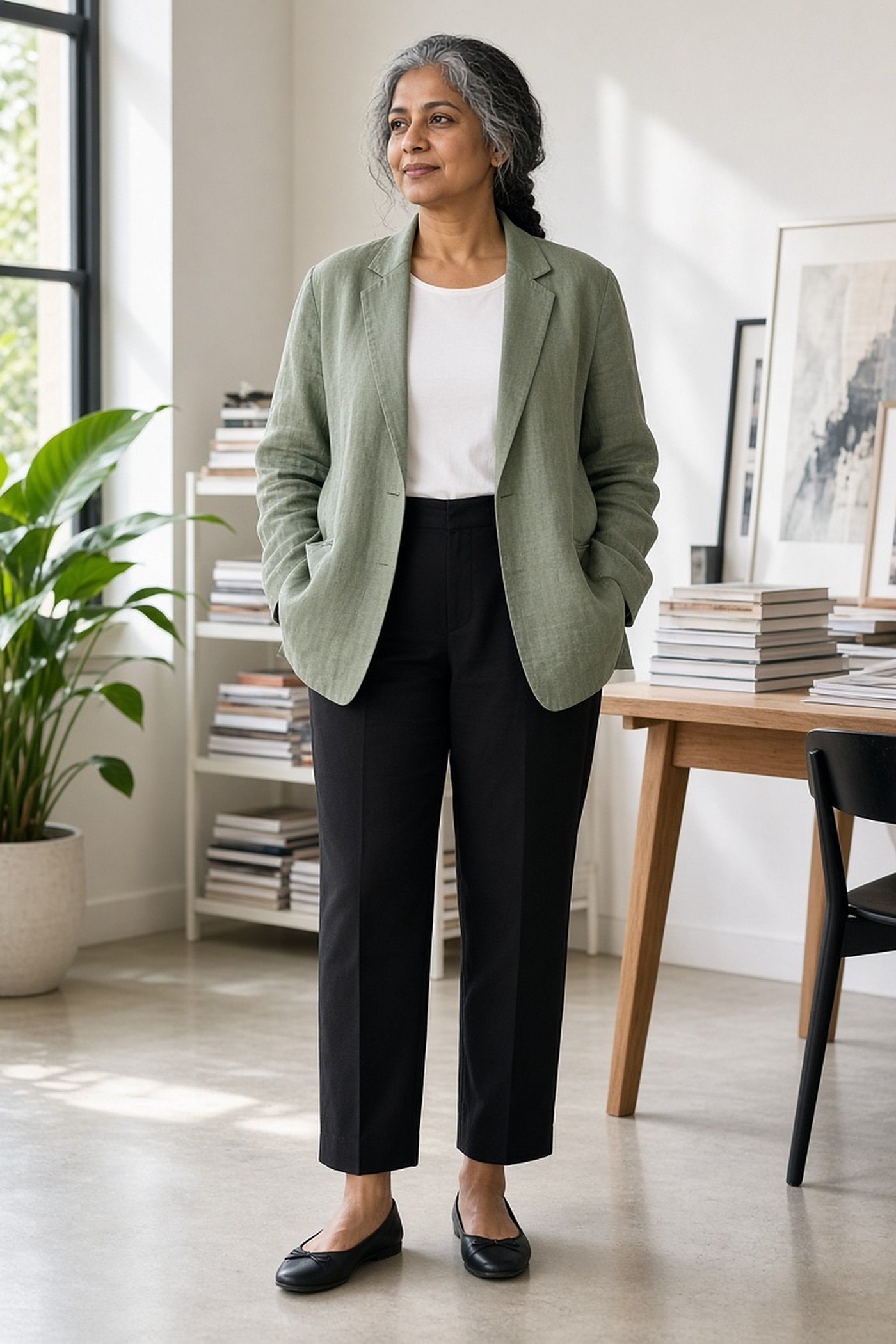 Woman over 40 in unstructured linen jacket and ankle trousers