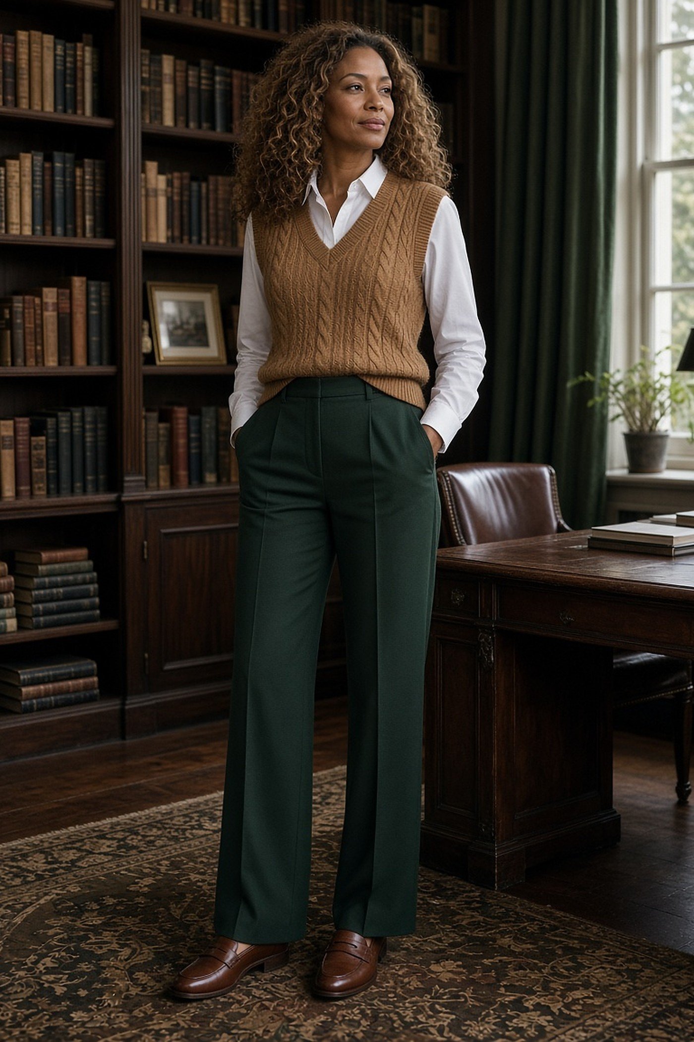 Woman over 40 in sweater vest over white shirt