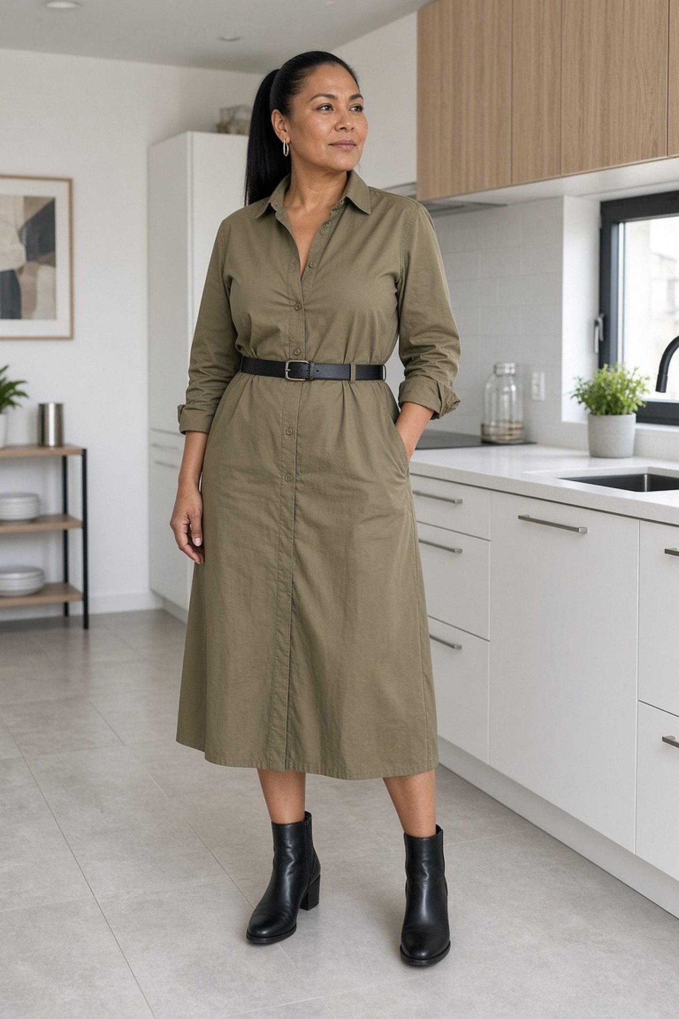 Woman over 40 in belted khaki shirt dress