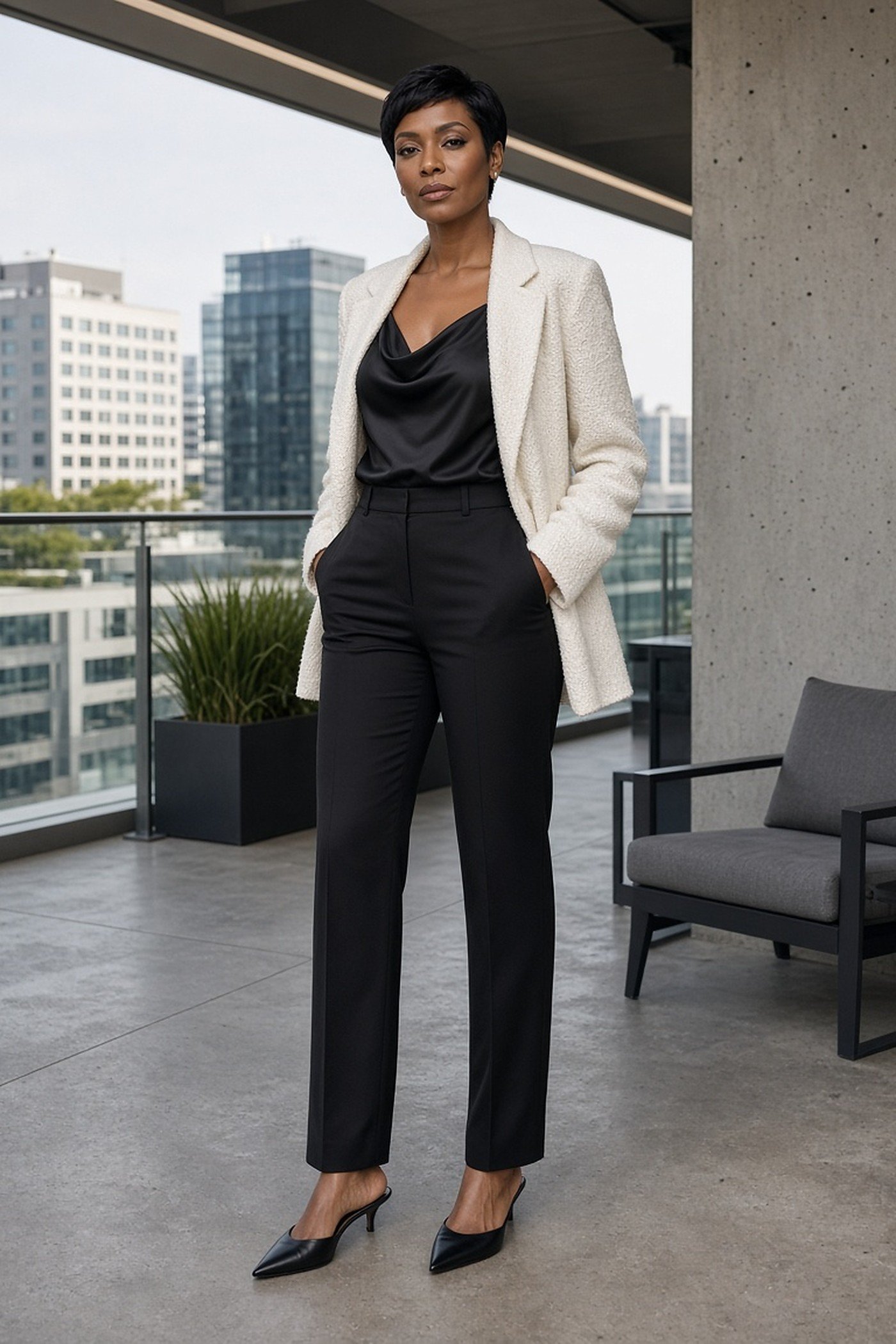 Woman over 40 in ivory knit blazer and black trousers