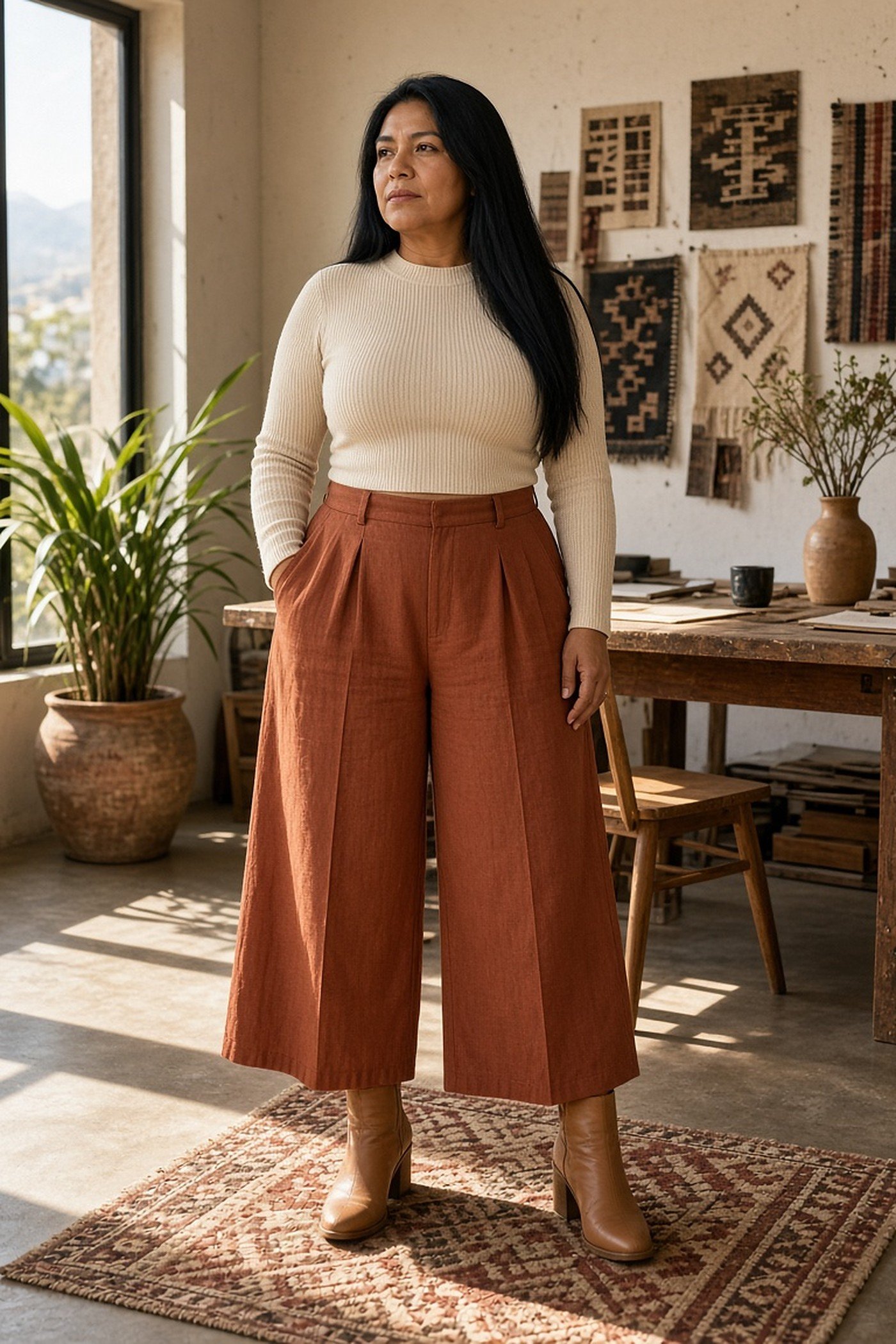 Woman over 40 in rust culottes and cream knit